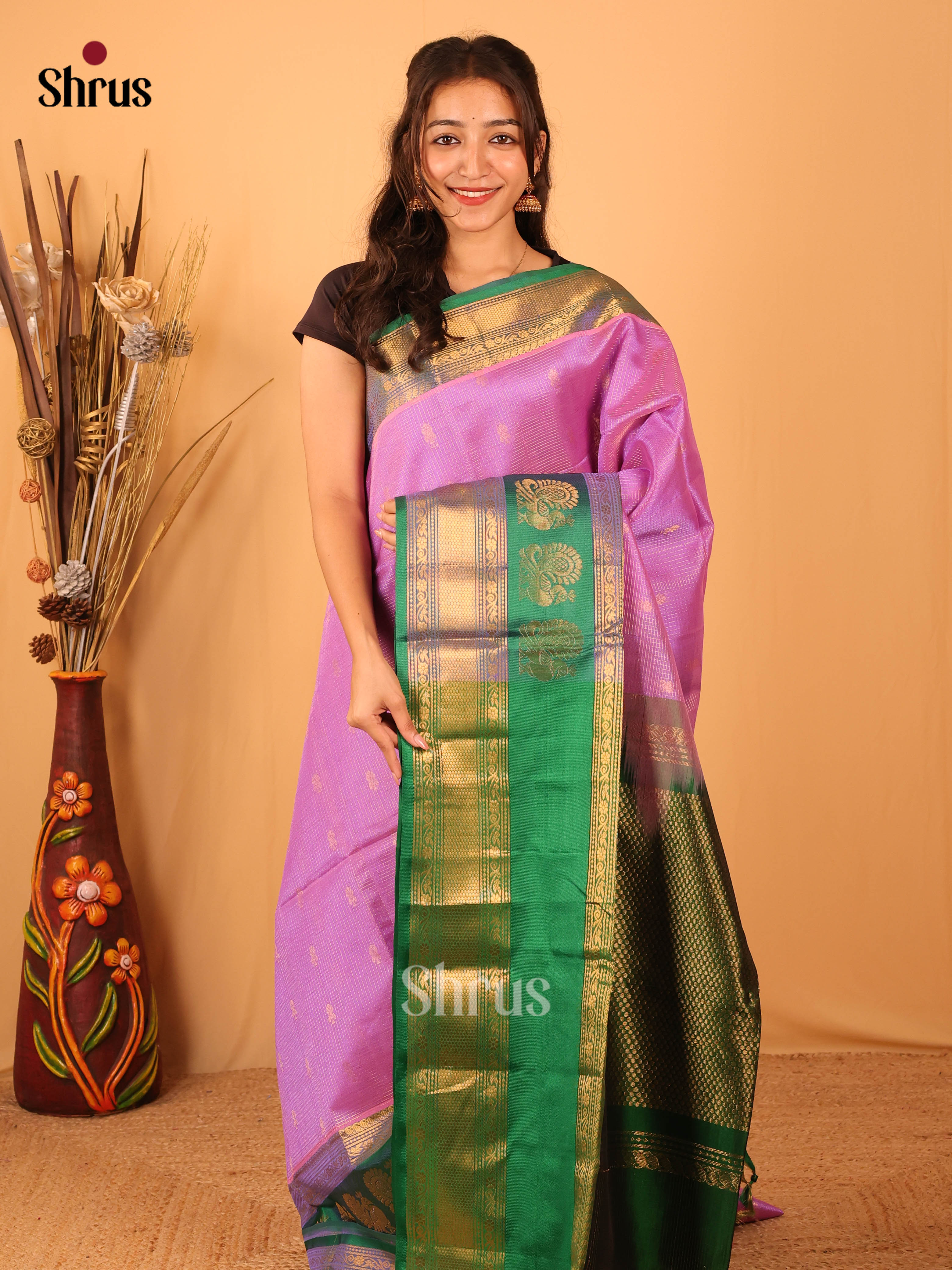 Lavender & Green- Silk Cotton Saree - Shop on Shrus.com