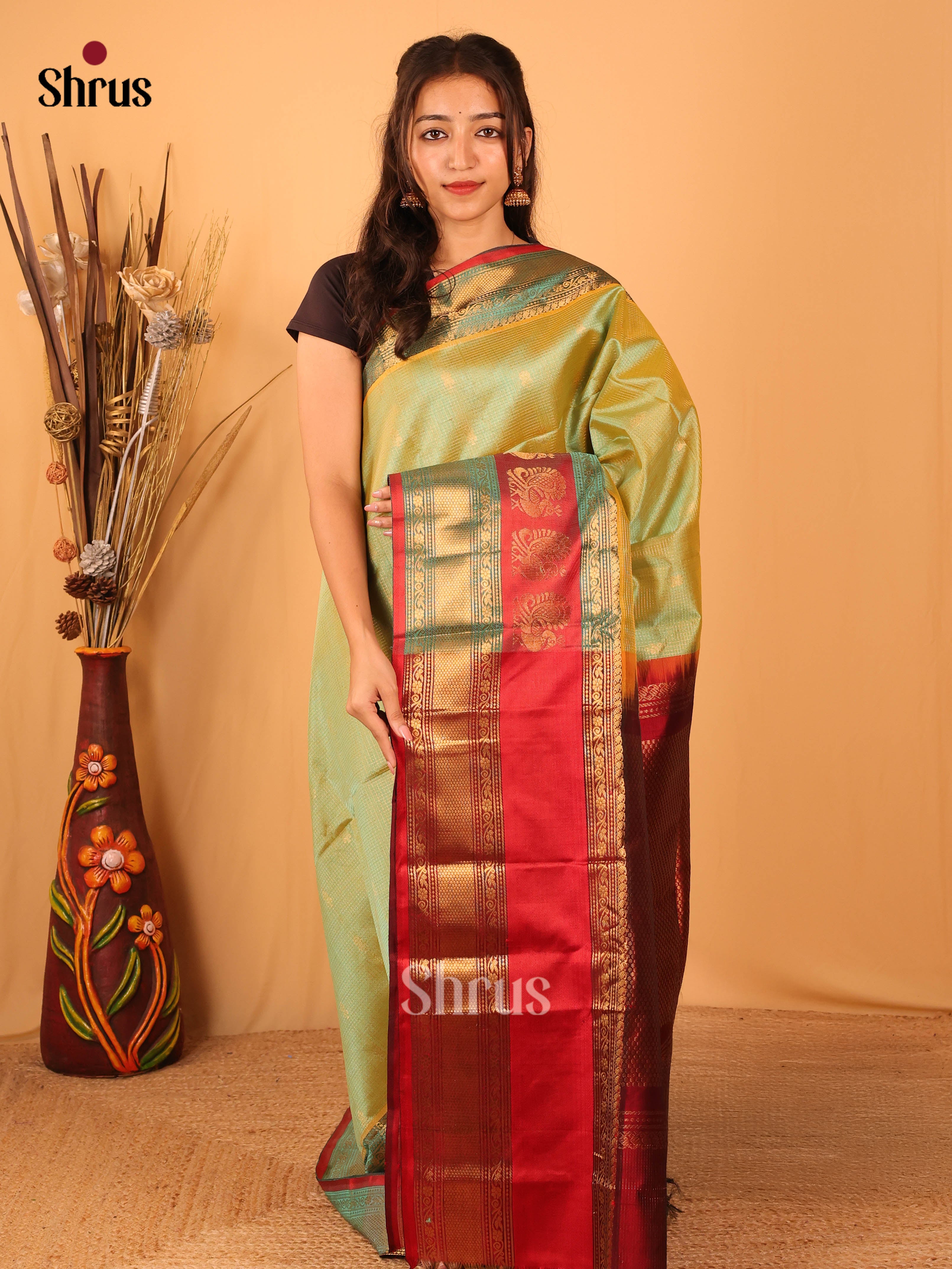 Pastel Green & Maroon - Silk Cotton Saree - Shop on Shrus.com