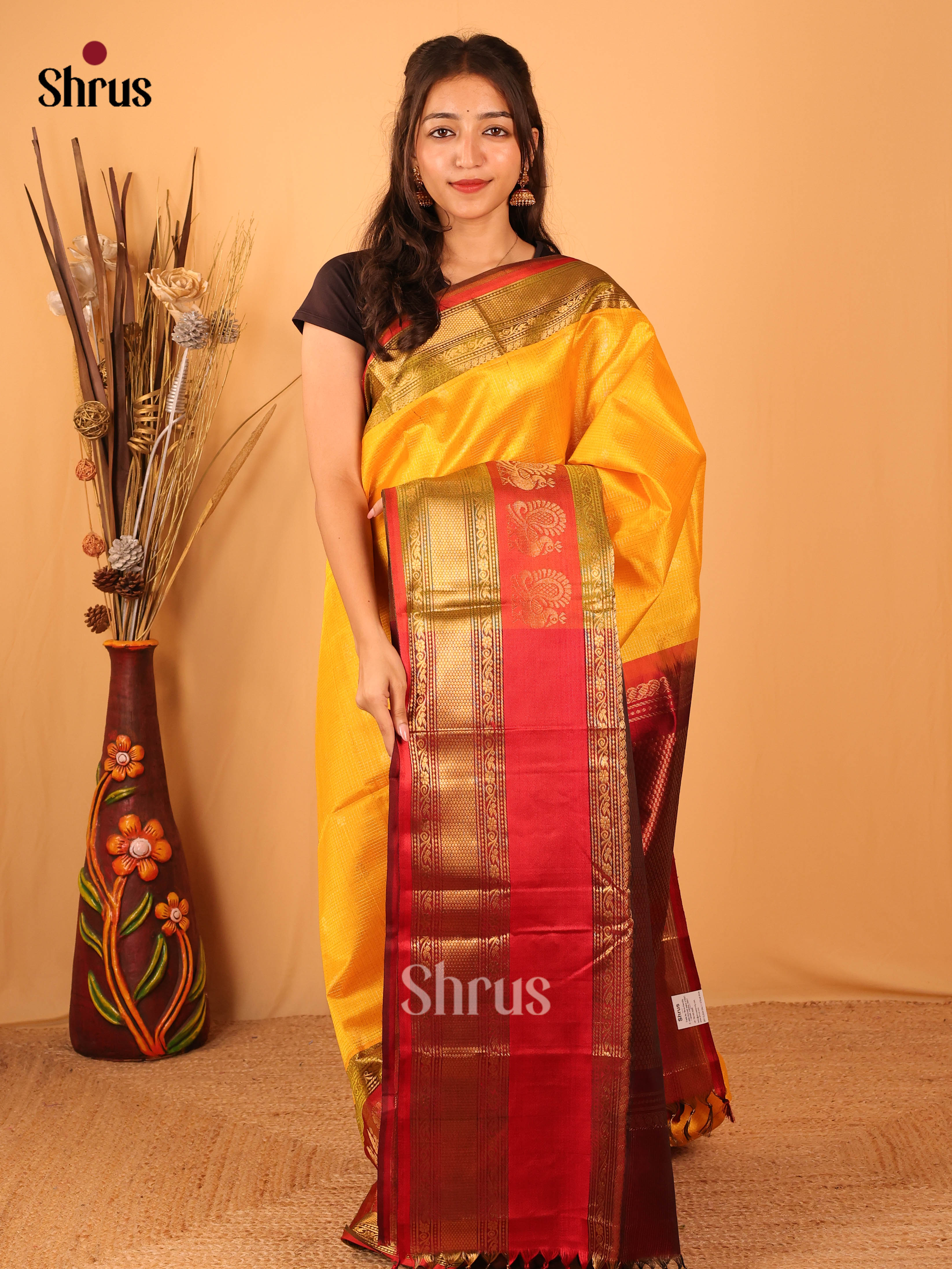 Mustard & Maroon - Silk Cotton Saree - Shop on Shrus.com