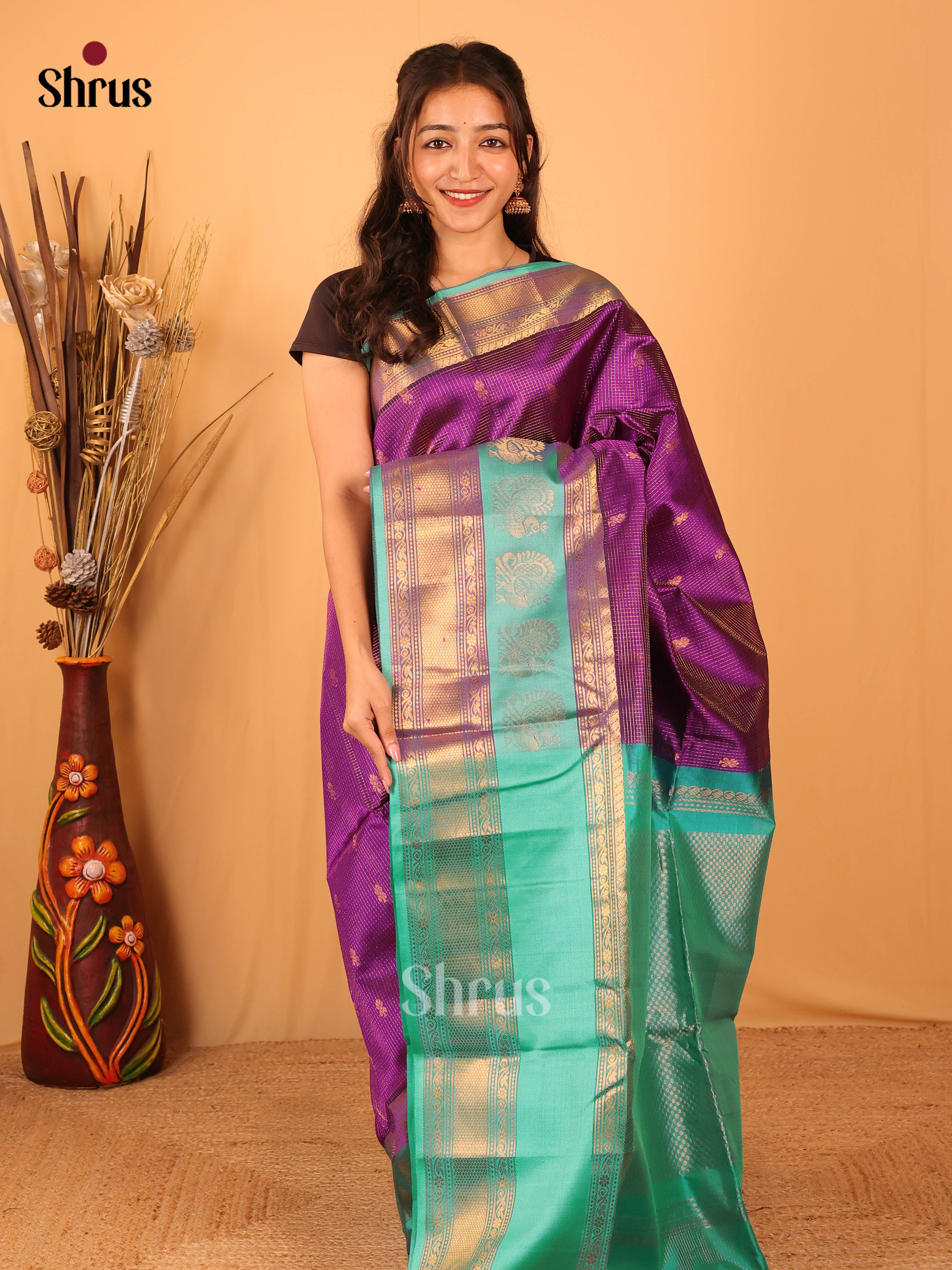Violet & Teal - Silk Cotton Saree - Shop on Shrus.com