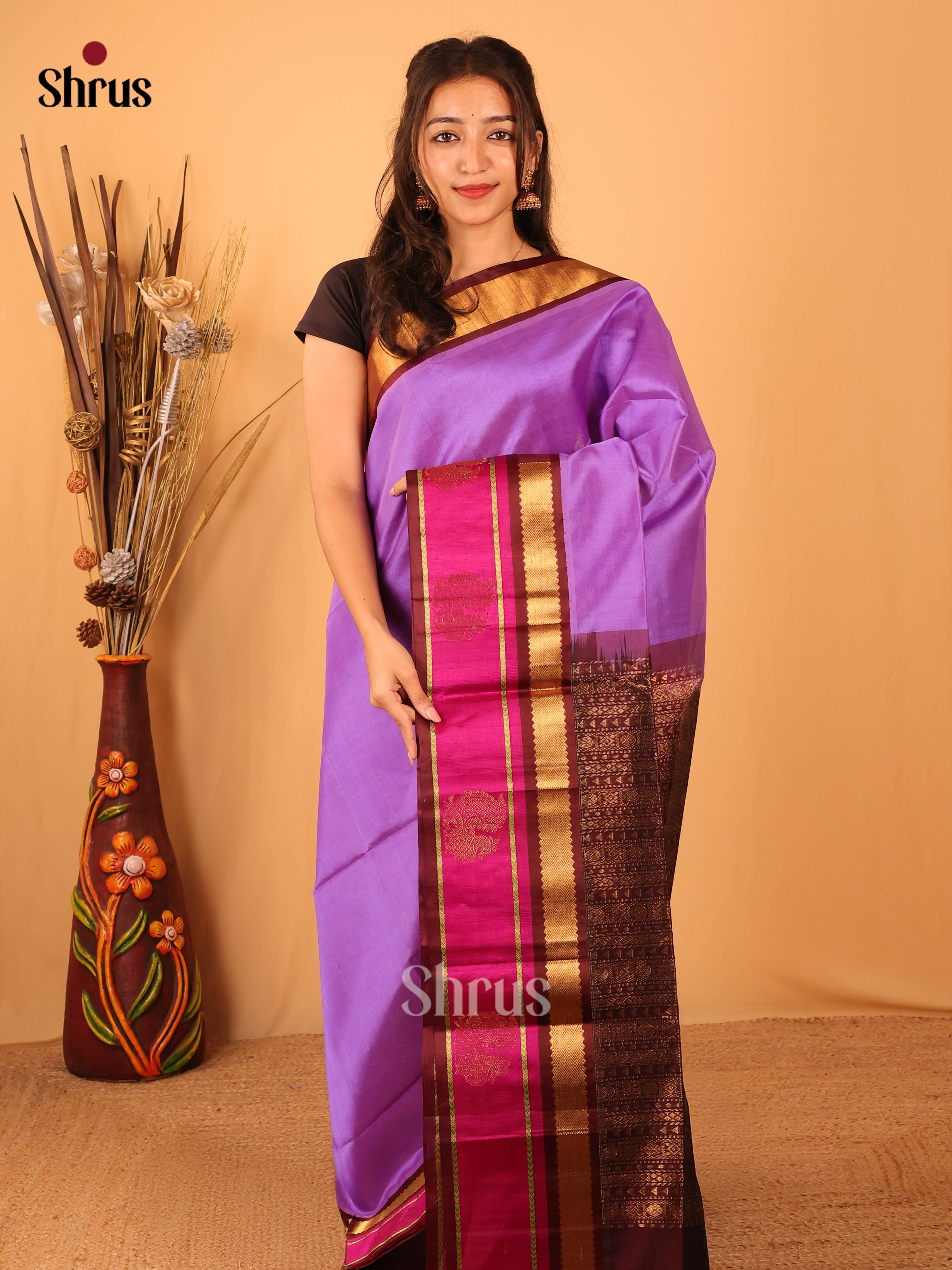 Purple & Brown - Silk Cotton Saree - DBS10051 - Shop on Shrus.com