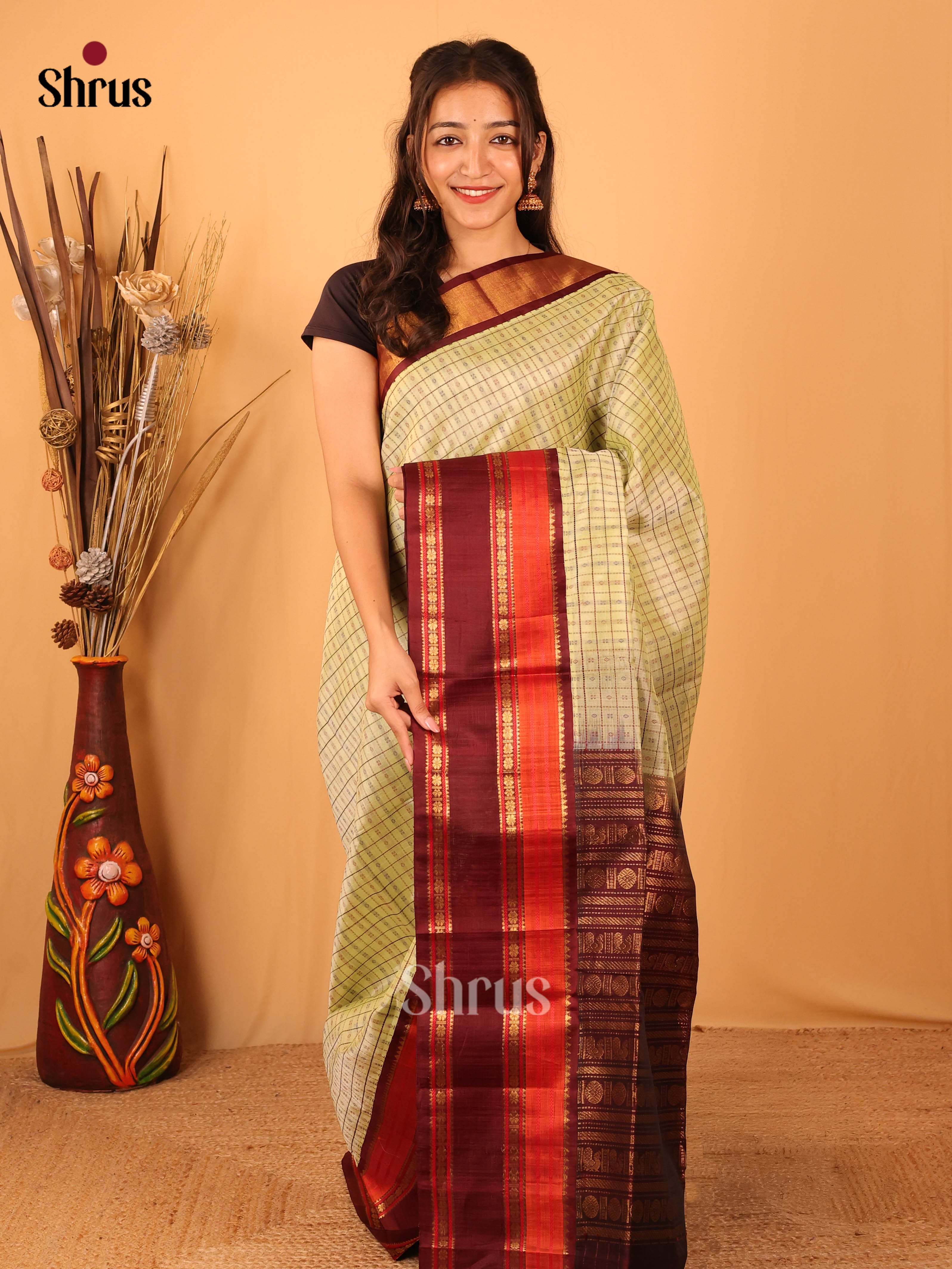 Pastel Green & Brown - Silk Cotton Saree - Shop on Shrus.com