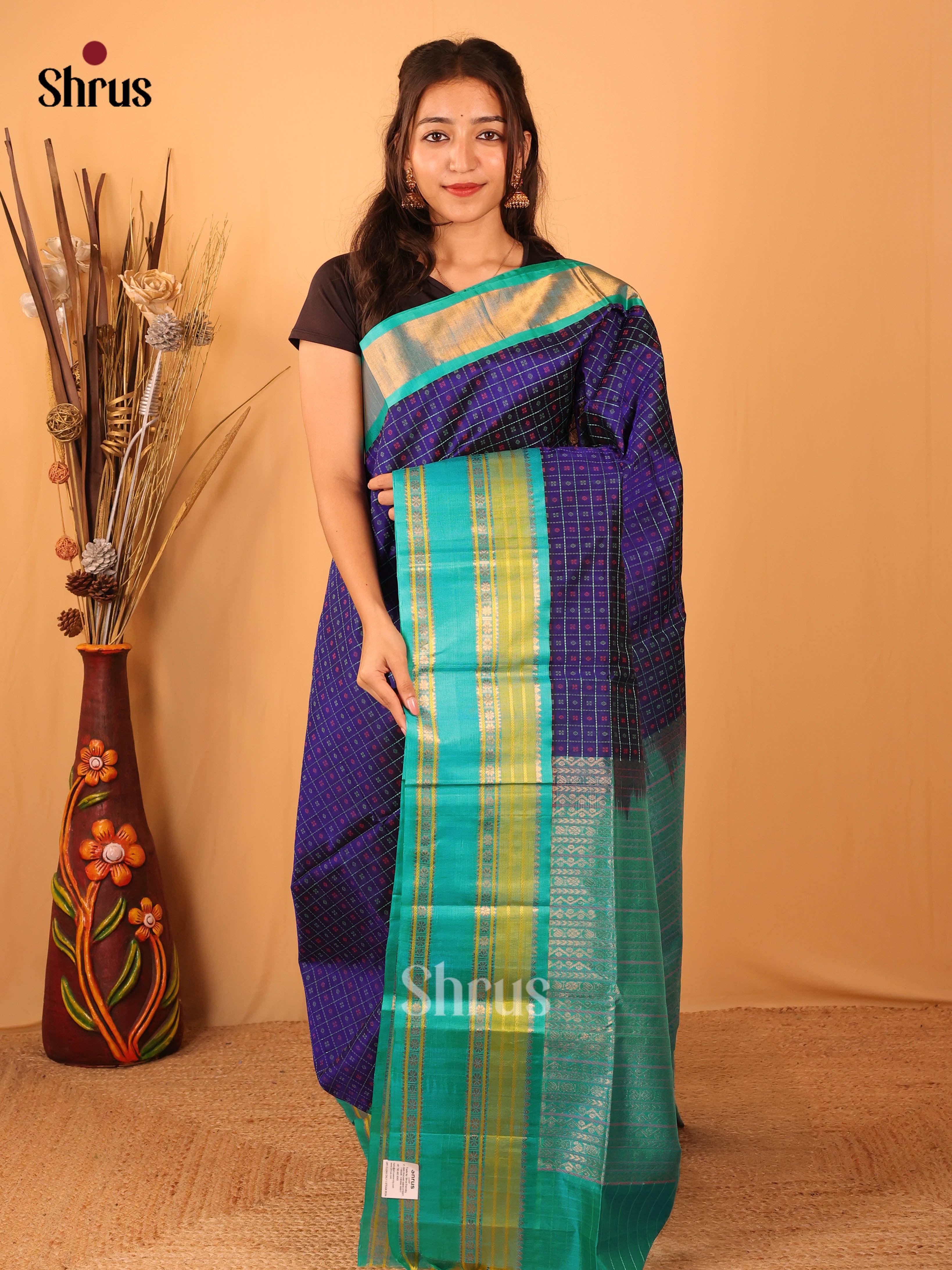 Blue & Teal - Silk Cotton Saree - Shop on Shrus.com