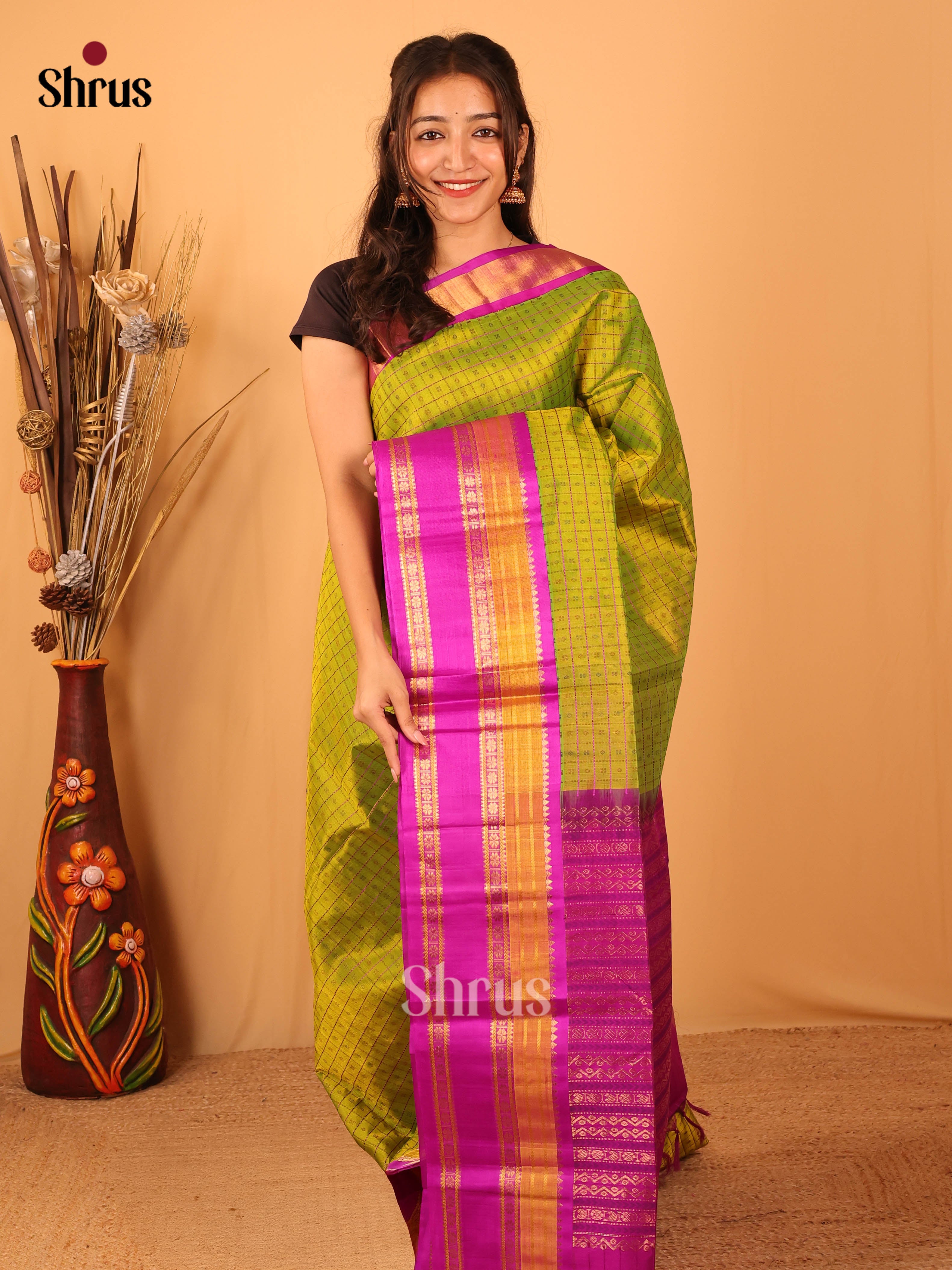 Green & Pink - Silk Cotton Saree - Shop on Shrus.com