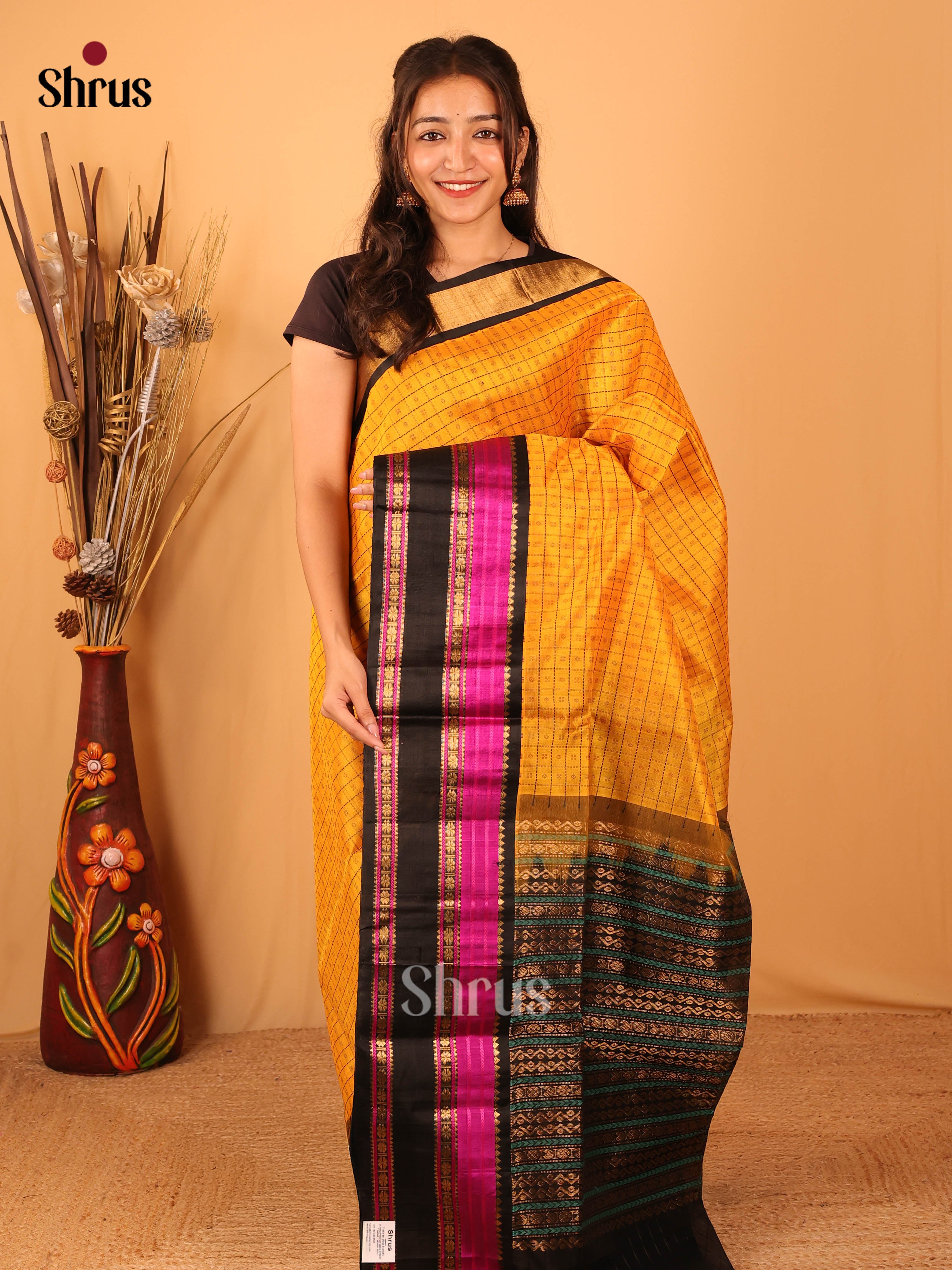 Mustard & Black - Silk Cotton Saree - DBS10057 - Shop on Shrus.com