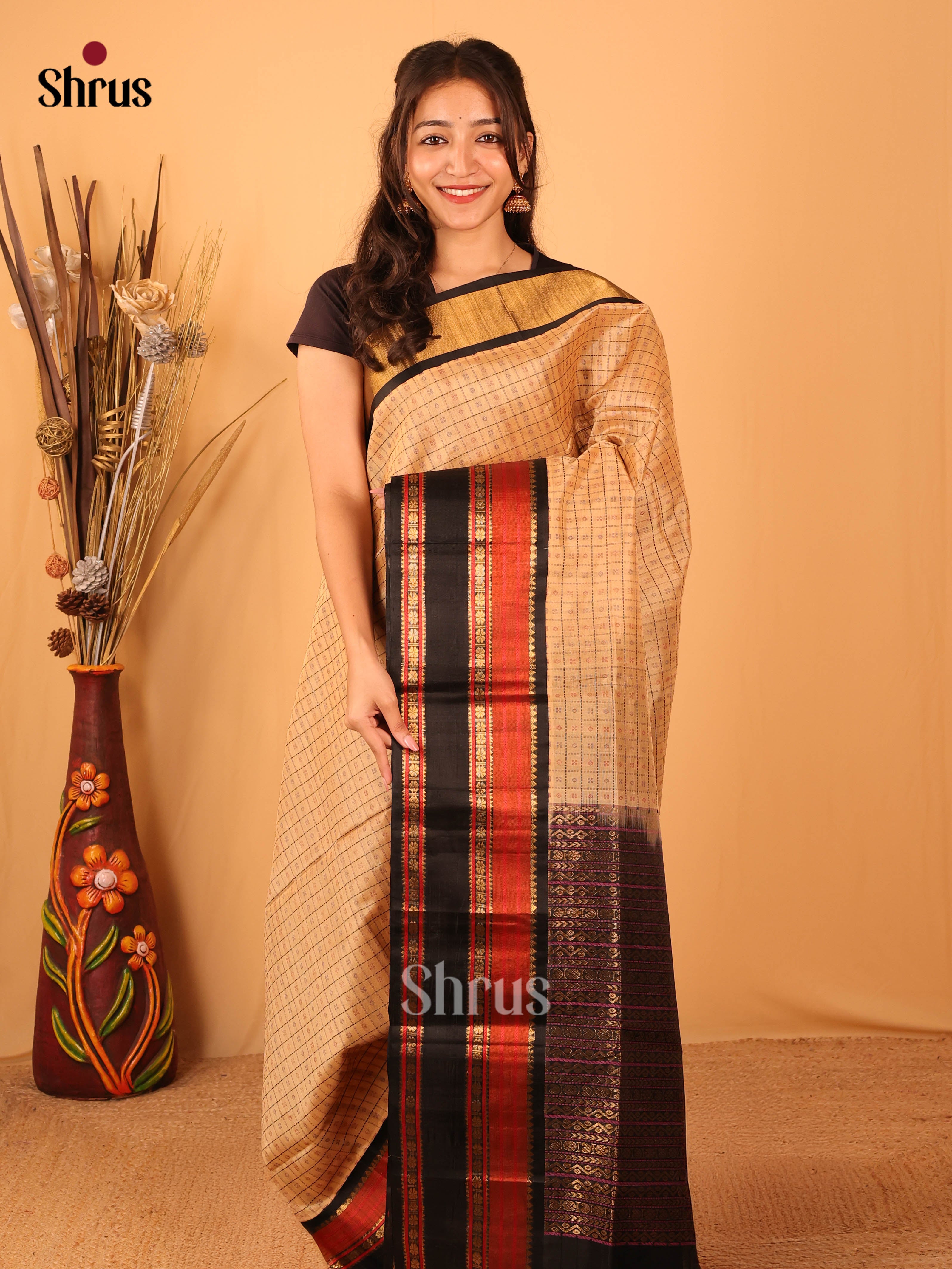 Beige & Black - Silk Cotton Saree - Shop on Shrus.com