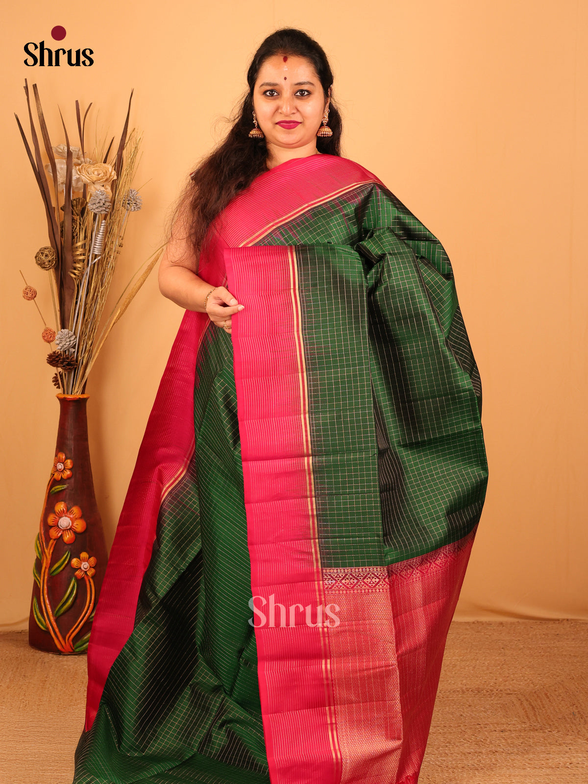 Green & Orangish Pink - Soft Silk Saree - Shop on Shrus.com