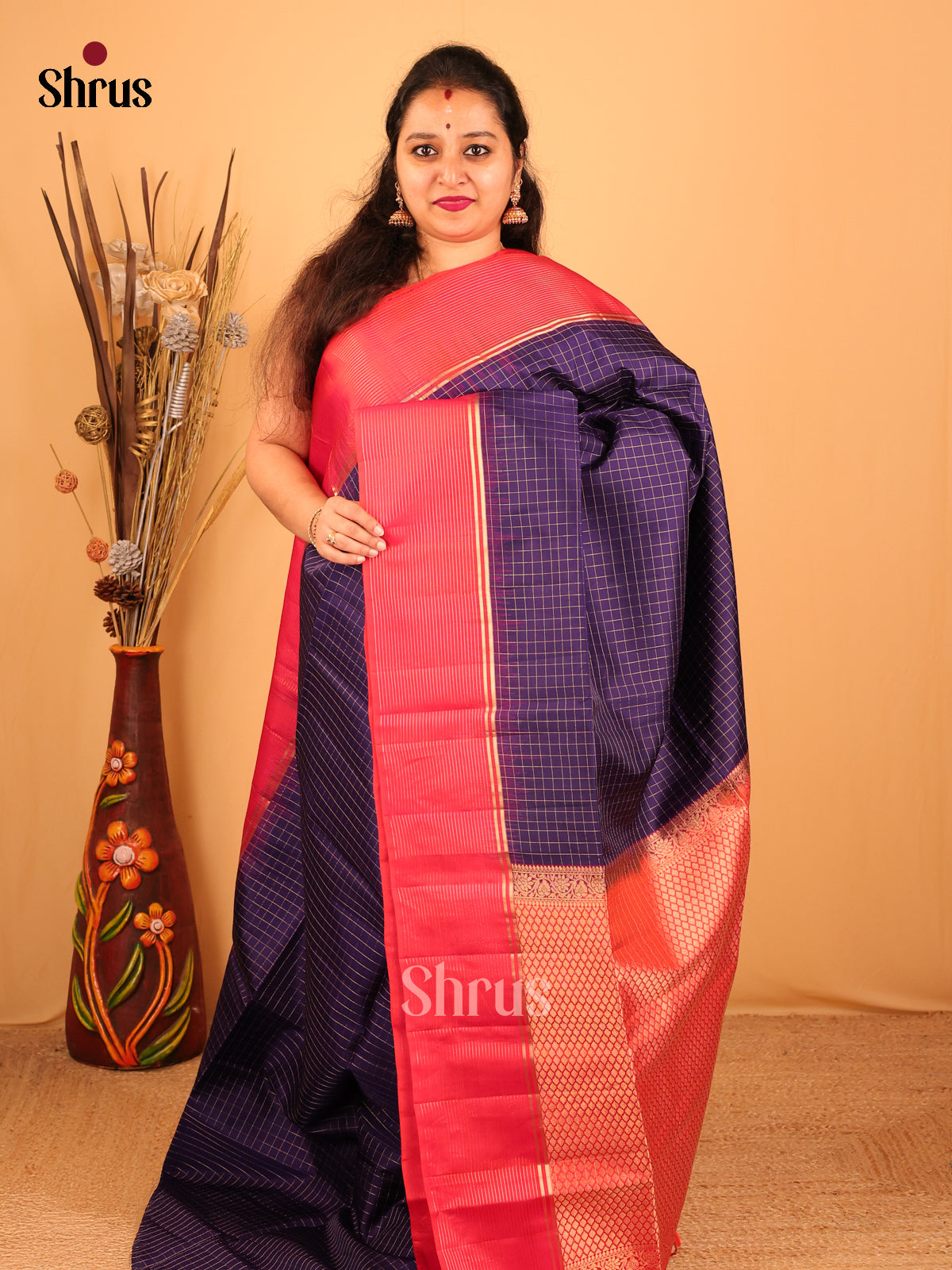 Opulent Violet Soft Silk Saree with Zari Checks, Vibrant Pink Border & Brocade Pallu - Shop on Shrus.com