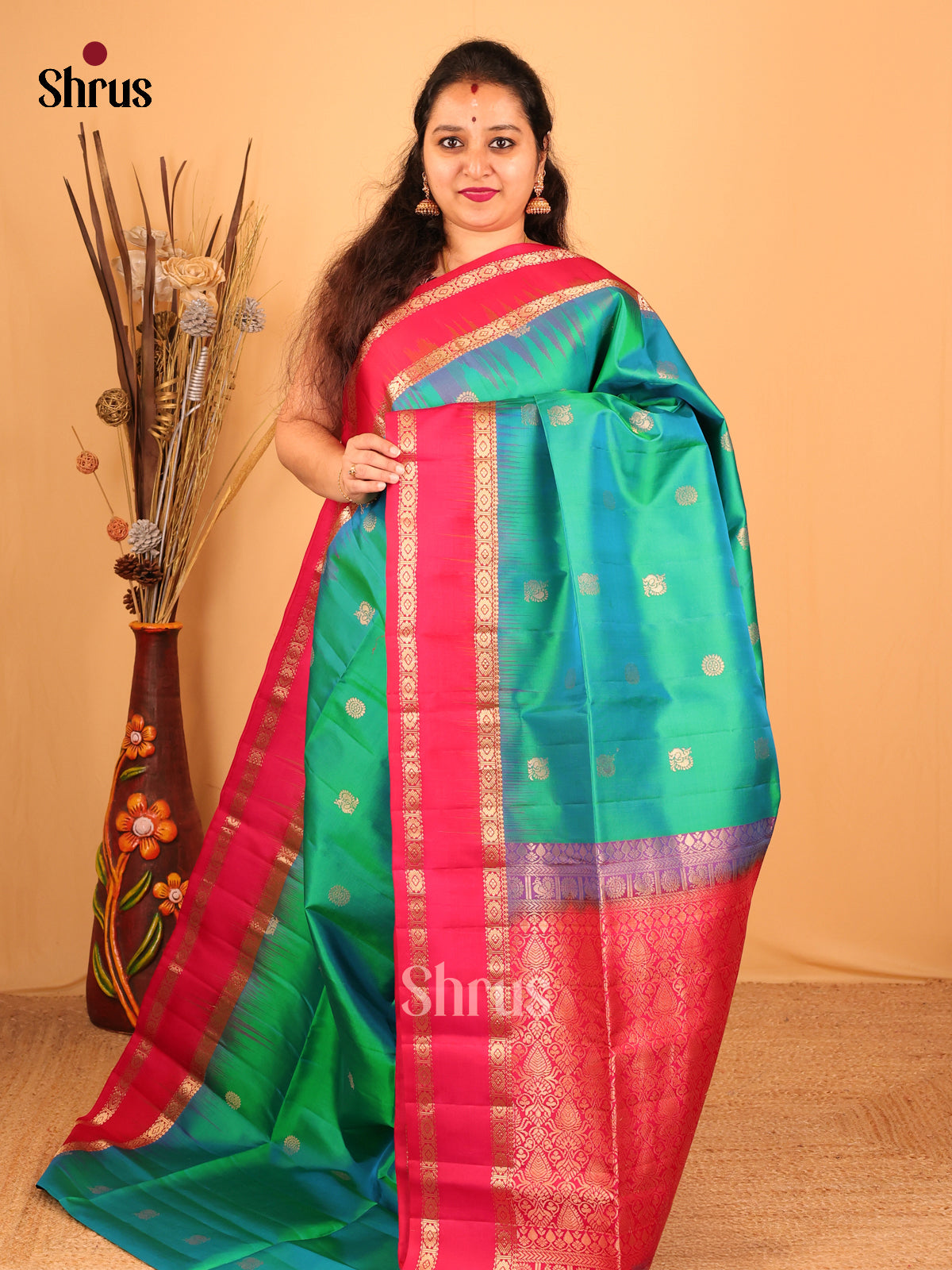 Green & Orangish Pink- Soft Silk Saree - Shop on Shrus.com