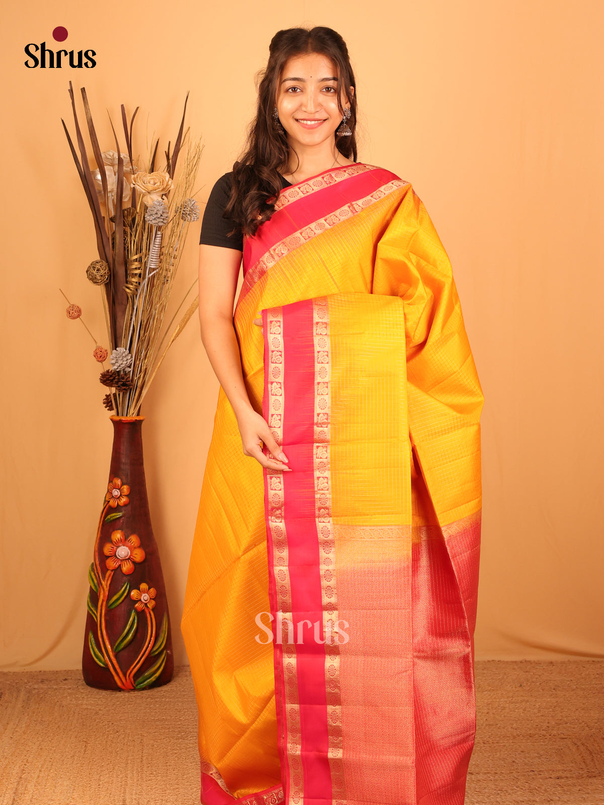 Dazzling Golden Yellow Soft Silk Saree with Checks & Vibrant Pink Rettapet Border-1