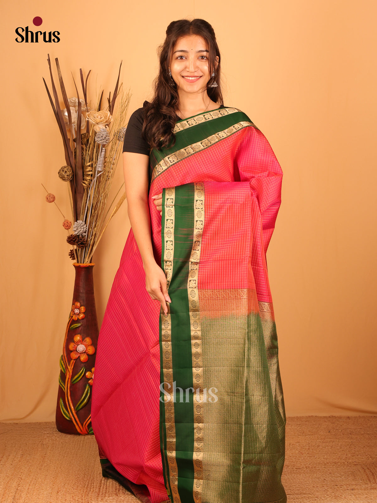 Orangish Pink & Green - Soft Silk Saree - Shop on Shrus.com