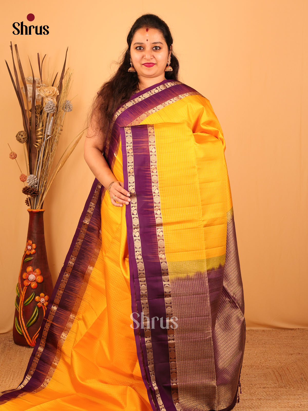 Yellow & Violet - Soft Silk Saree - Shop on Shrus.com