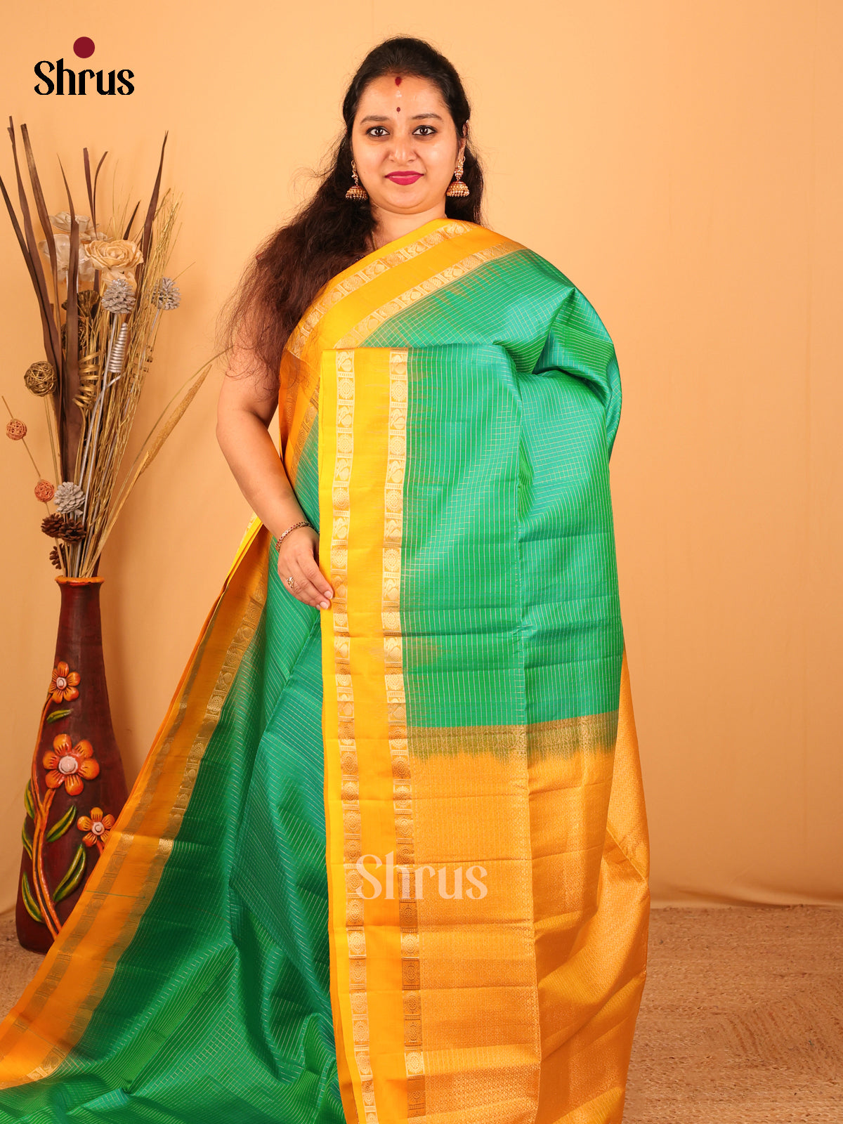 Green & Yellow - Soft Silk Saree - Shop on Shrus.com