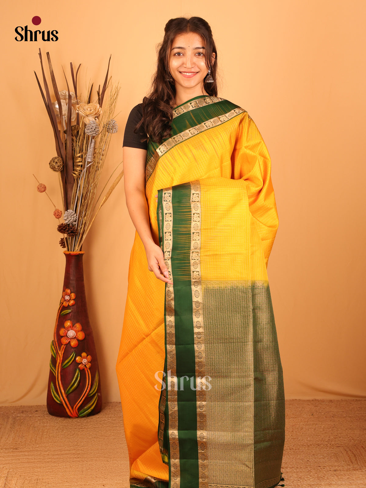 Yellow & Green - Soft Silk Saree - Shop on Shrus.com