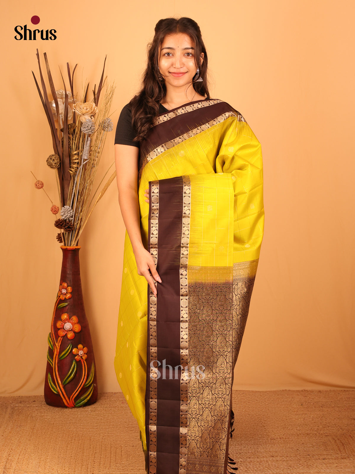 Lime Green & Brown - Soft Silk Saree - Shop on Shrus.com