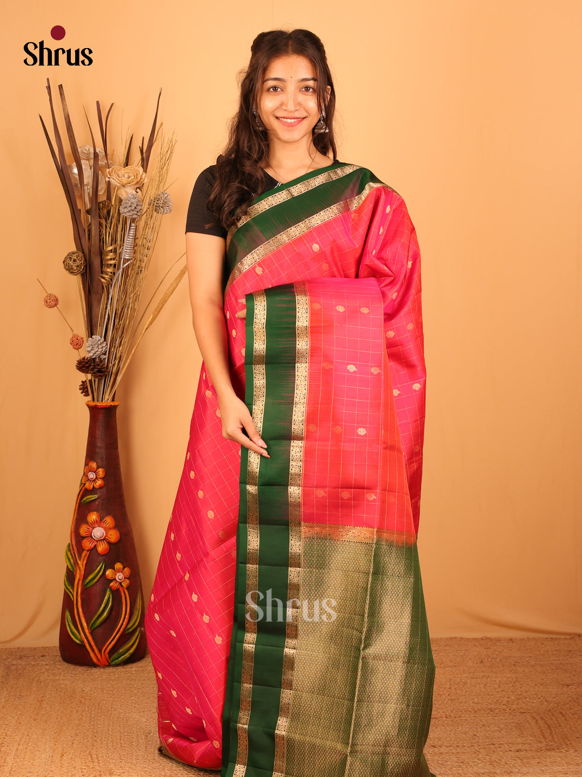 Pink & Green - Soft Silk Saree - Shop on Shrus.com