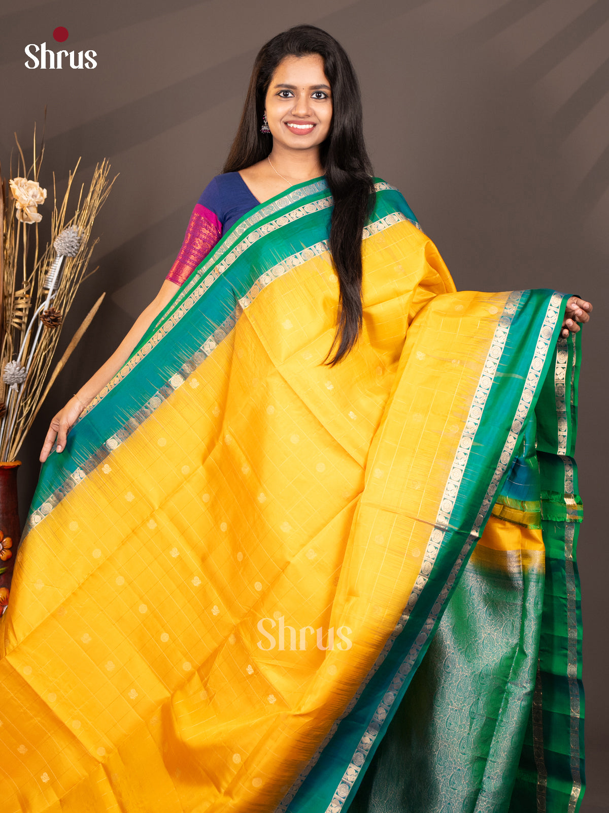 Yellow & Teal - Soft SilkSaree - Shop on Shrus.com