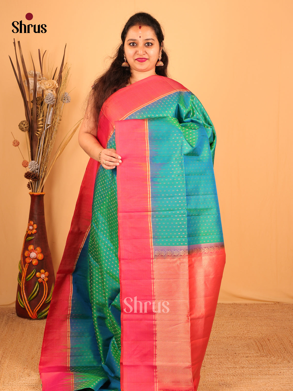 Green & Orangish Pink- Soft Silk Saree - Shop on Shrus.com
