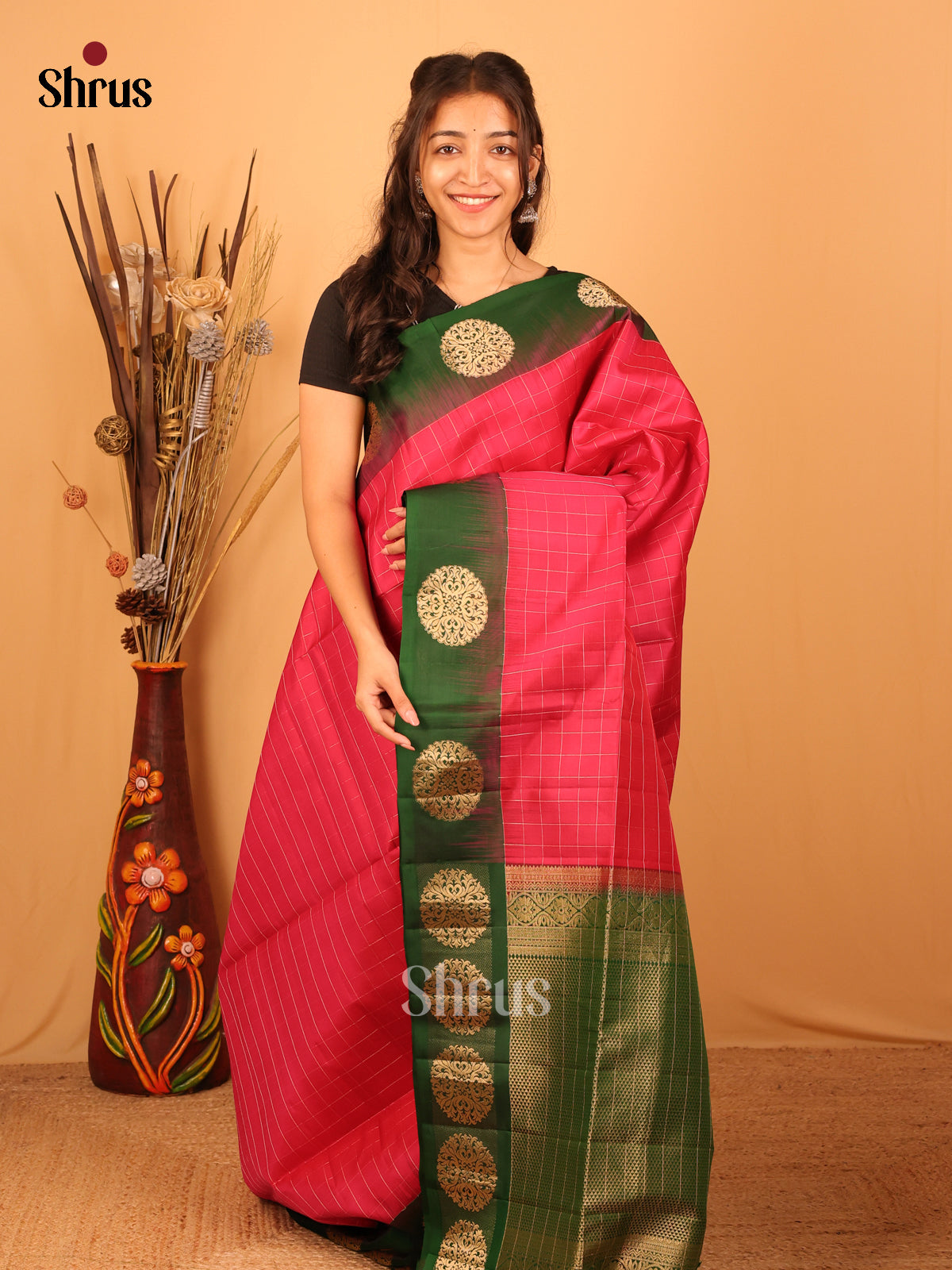 Pink & Green - Soft Silk Saree - Shop on Shrus.com