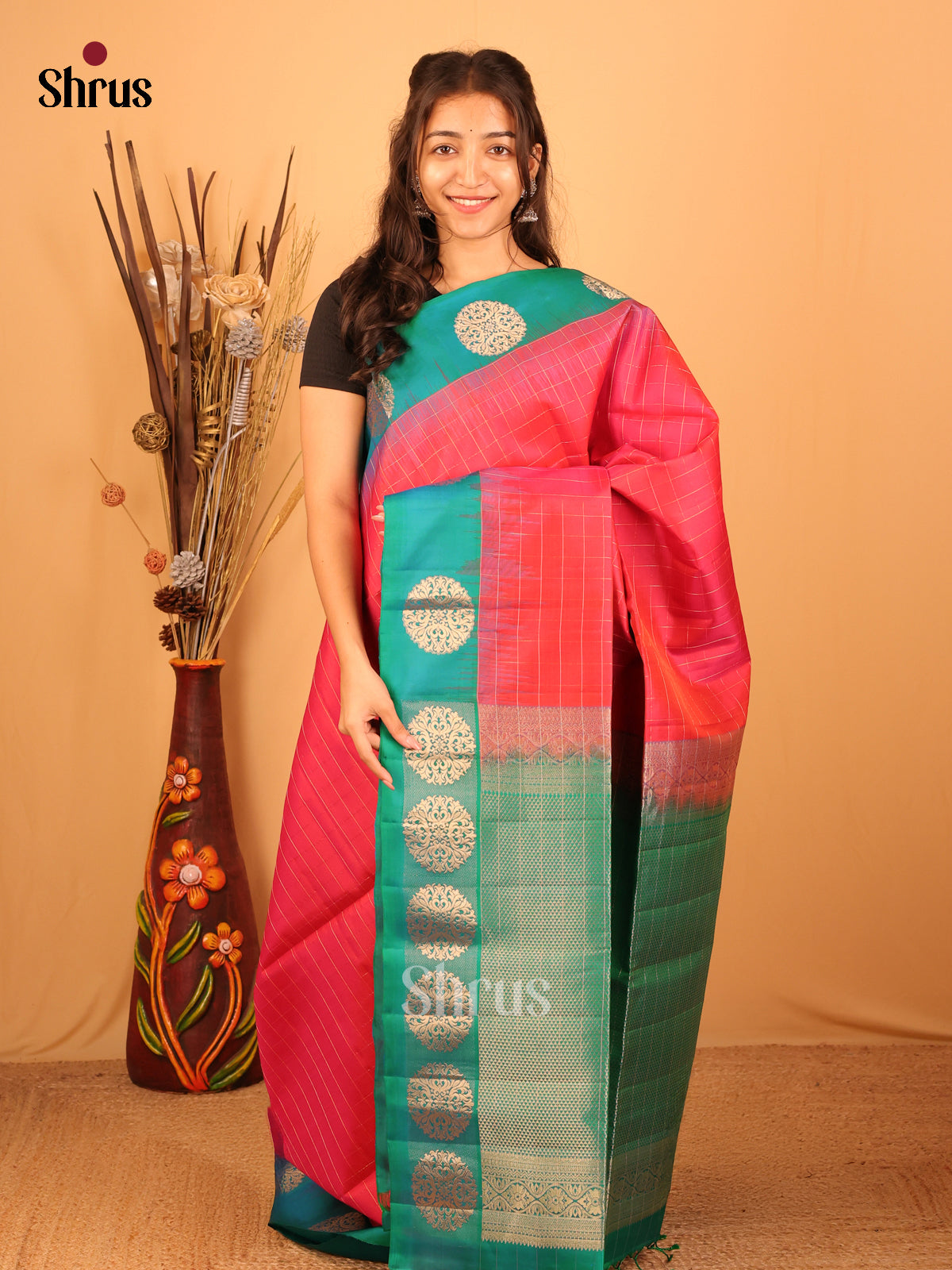 Orangish Pink & Green - Soft Silk Saree - Shop on Shrus.com