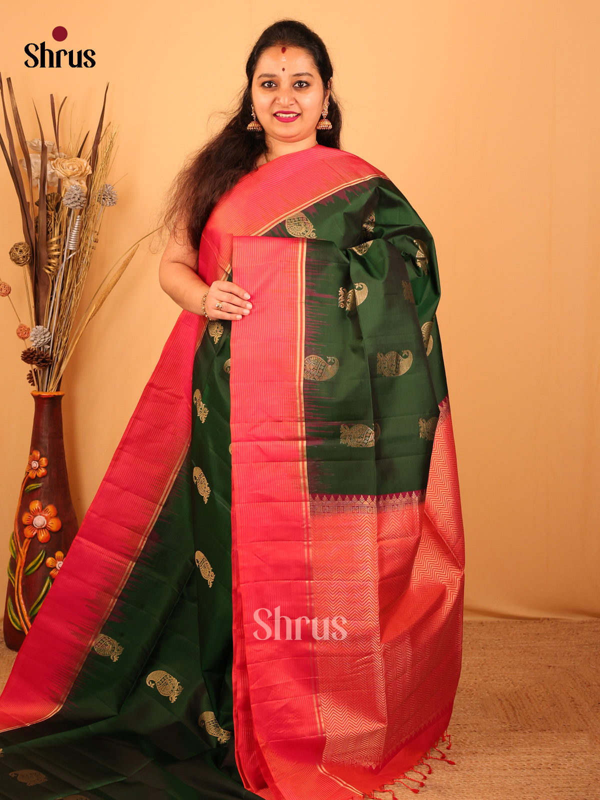 Green & Orangish Pink - Soft Silk Saree - Shop on Shrus.com