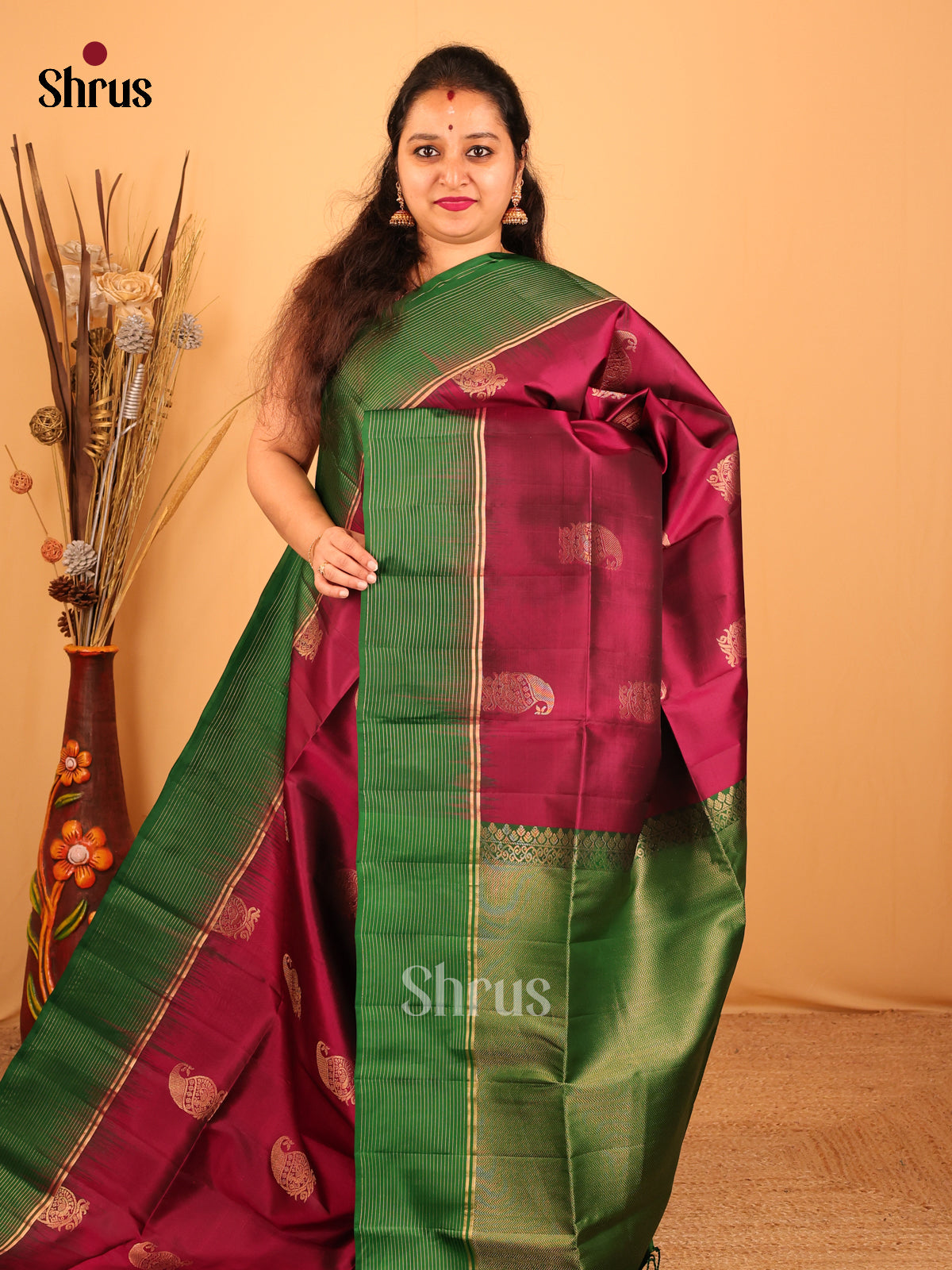 Maroon & Green - Soft Silk Saree - Shop on Shrus.com