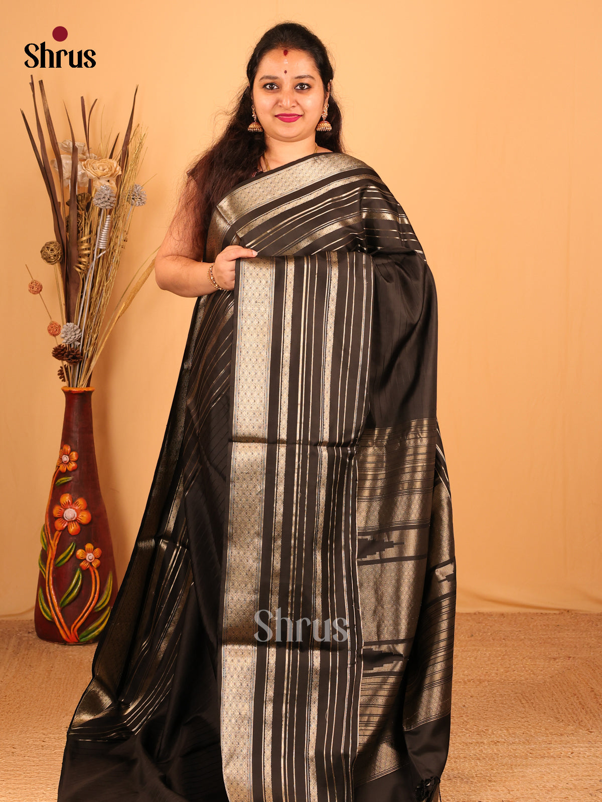 Dashing Black Soft Silk Saree with Self Zari Stripes Border & Brocade Pallu-1