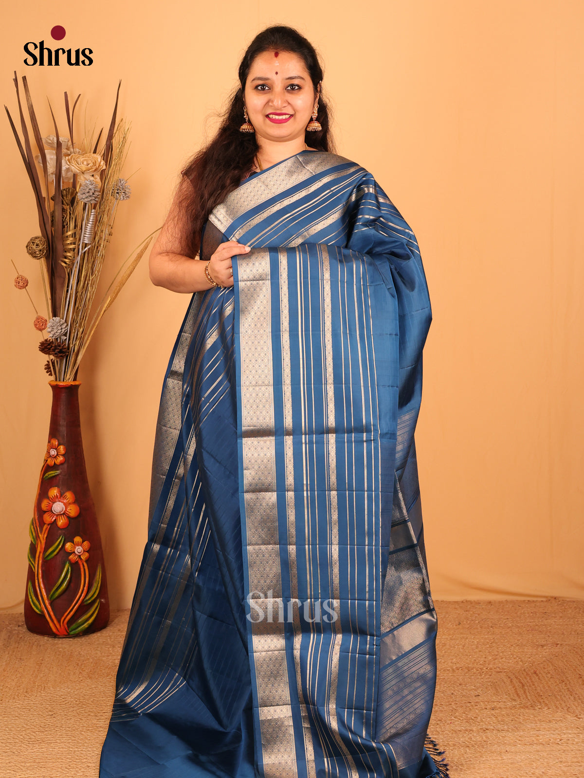 Mystical Blue Soft Silk Saree with Self Zari Stripes Border & Brocade Pallu-1