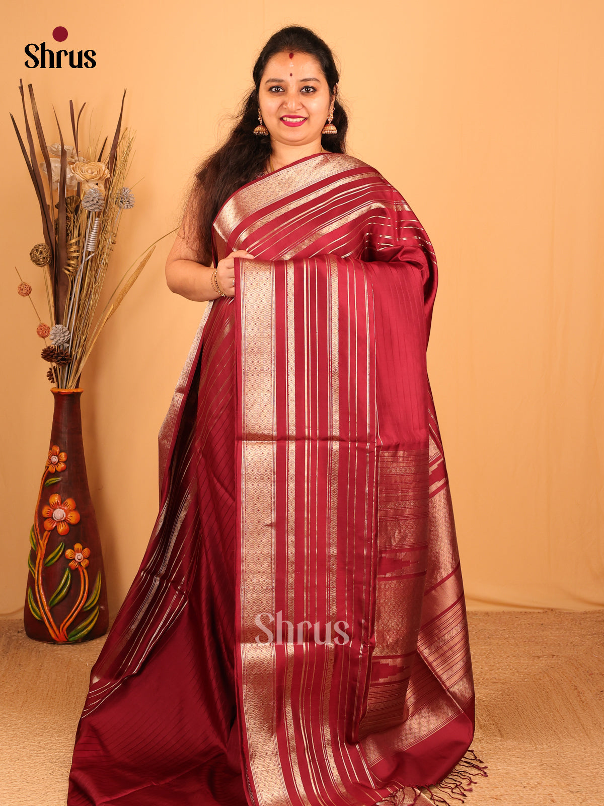 Classic Maroon Soft Silk Saree with Self Zari Stripes Border & Brocade Pallu-1
