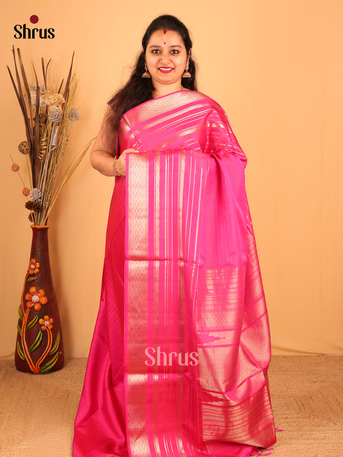 Charming Pink Soft Silk Saree with Self Zari Stripes Border & Brocade Pallu-1