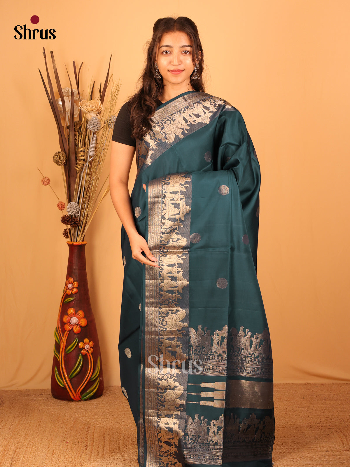 Peacock Green Soft Silk Saree With Round Buttas & Zari Border Depicting Baraath Ceremony-1