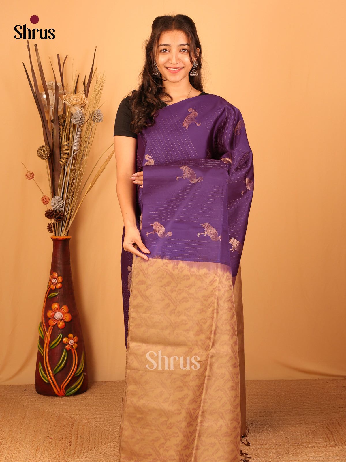 Violet And Beige - Soft Silk Saree - DBS10172 - Shop on Shrus.com