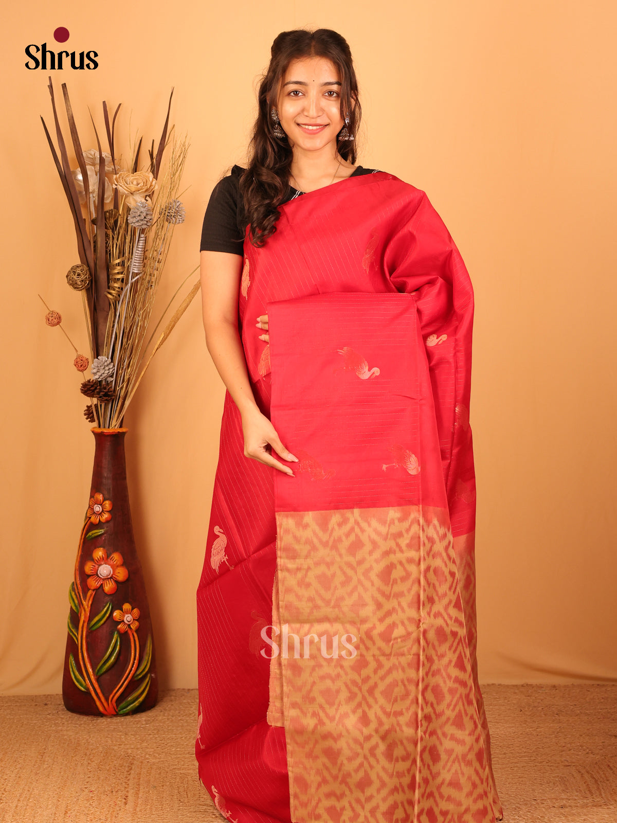 Fiery Red Soft Silk Saree With Stripes & Crane Motifs Across The Body & Beige Zari Pallu-1