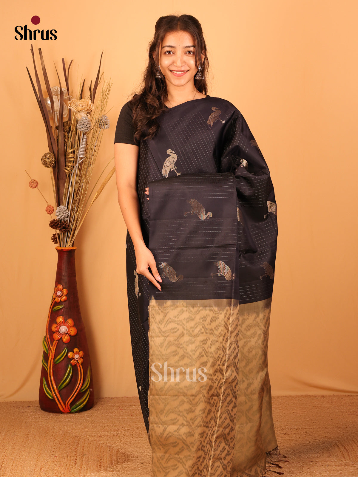 Stunning Black Soft Silk Saree With Stripes & Crane Motifs Across The Body & Beige Zari Pallu - Shop on Shrus.com