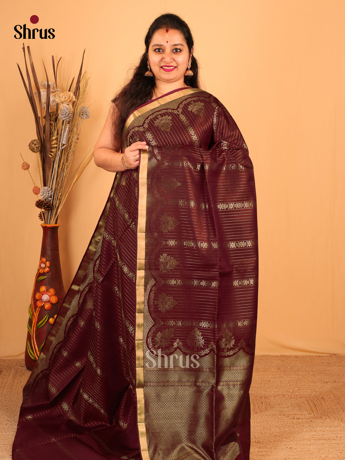 Luminous Brown Soft Silk Saree with Gleaming Gold Zari Stripes & Vines-1