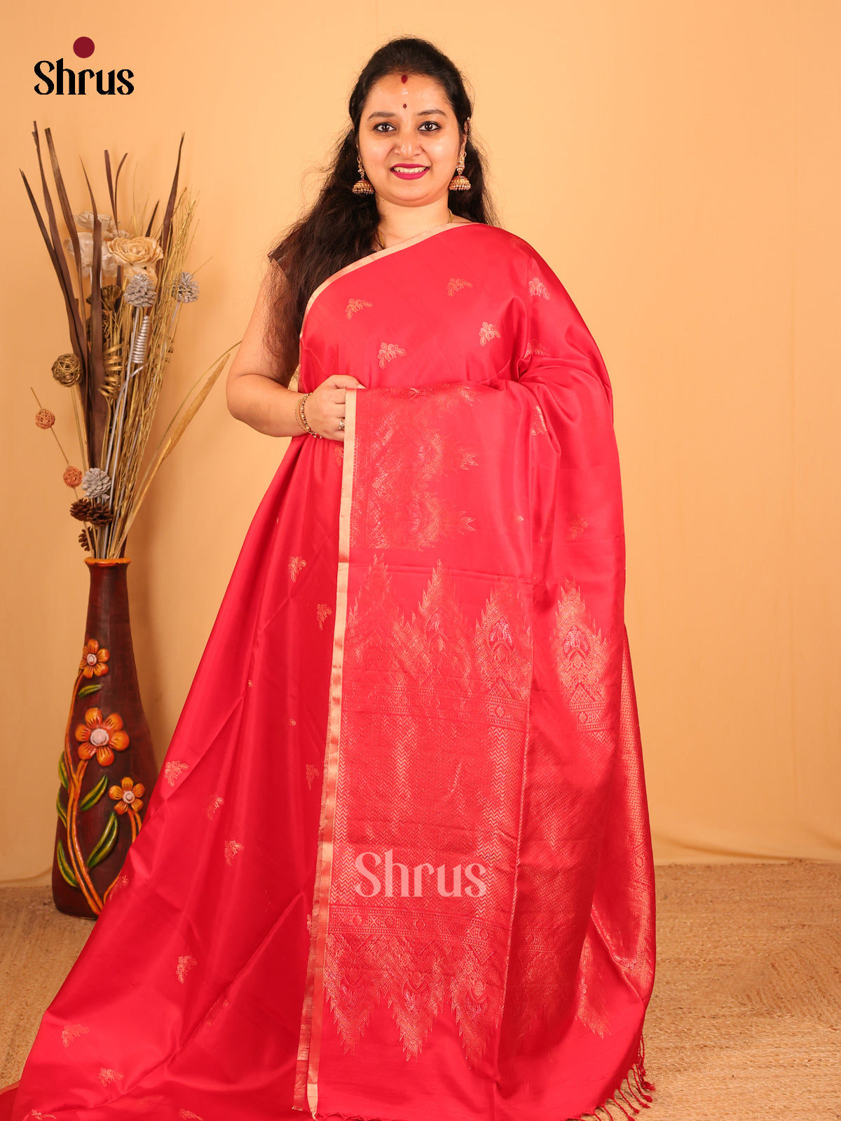 Dazzling Red Soft Silk Saree with Zari Buttas, Self Border & Pallu-1