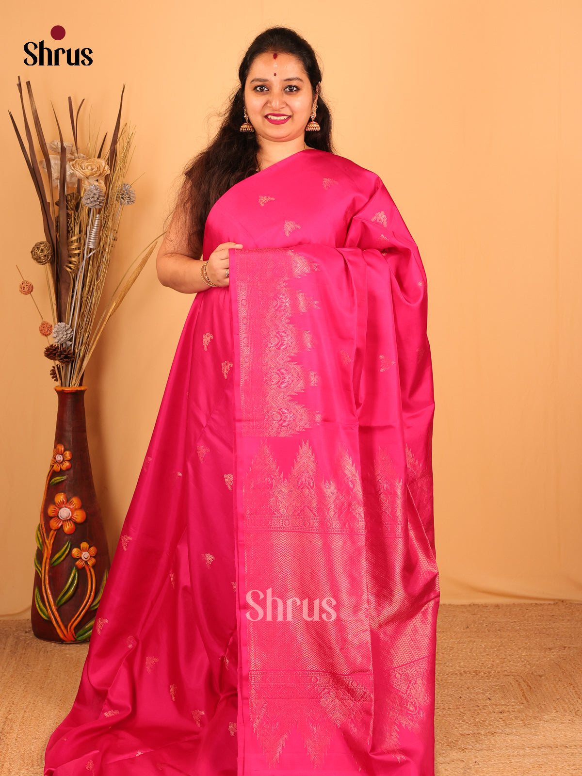 Bold Rani Pink Zari Butta Soft Silk Saree with Matching Border & Pallu-1