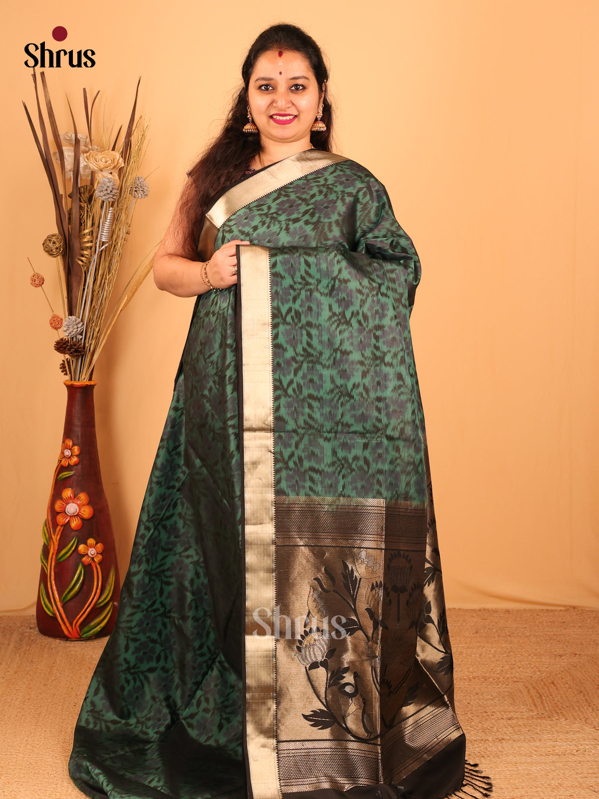 Dark Green Soft Silk Saree With Intricate Pochampally design, Zari Edge & Black Brocade Pallu-1