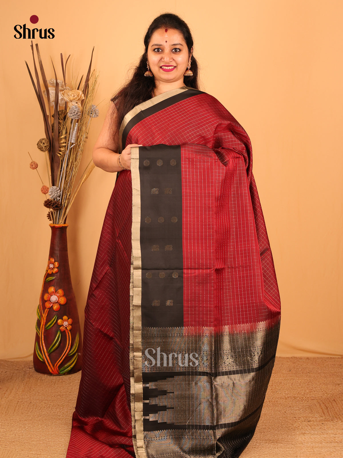 Maroon & Black- Soft Silk Saree - Shop on Shrus.com