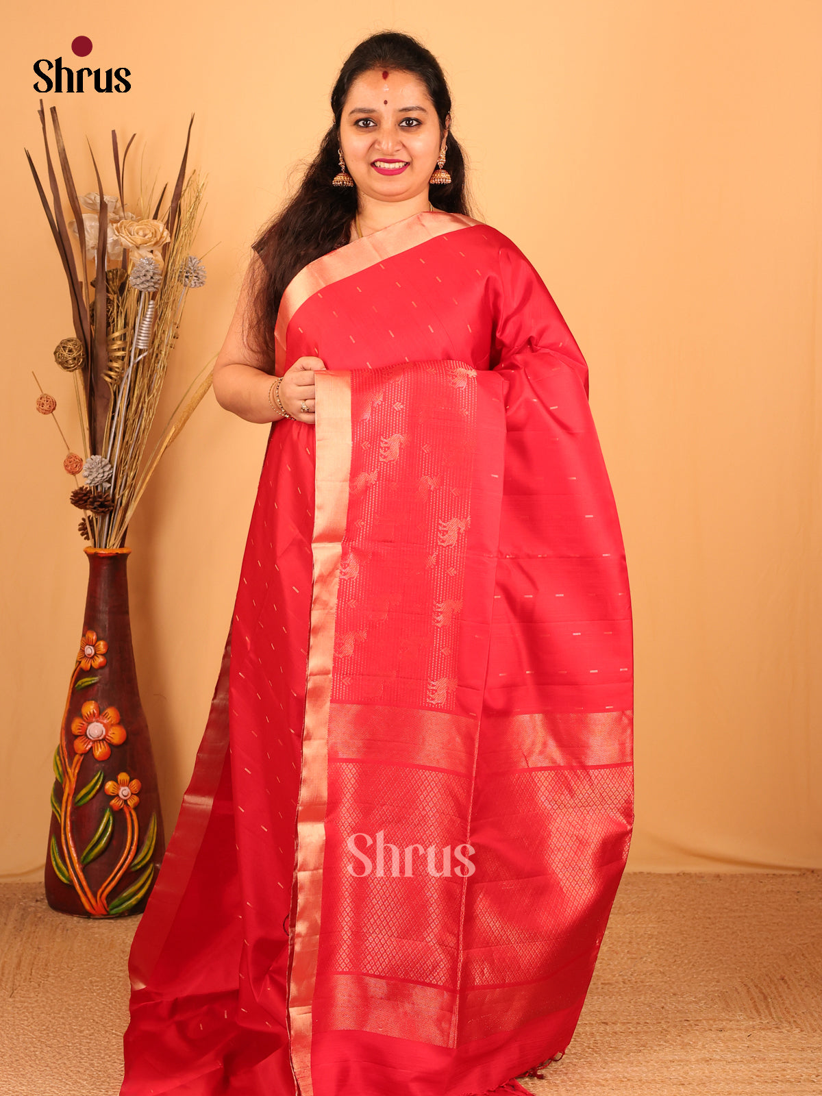 Classic Red Soft Silk Saree with Shimmering Zari Stripes & Self Border-1