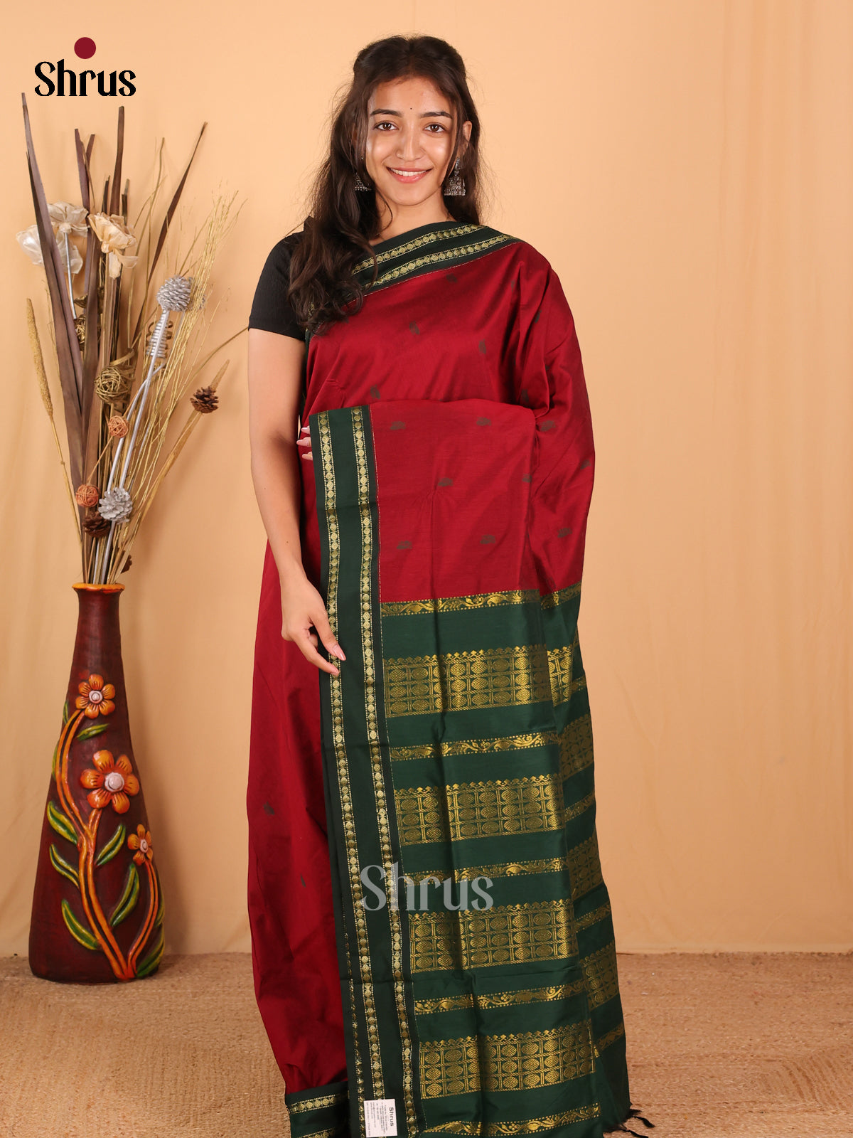 Maroon & Green - Kalyani Cotton Saree - Shop on Shrus.com