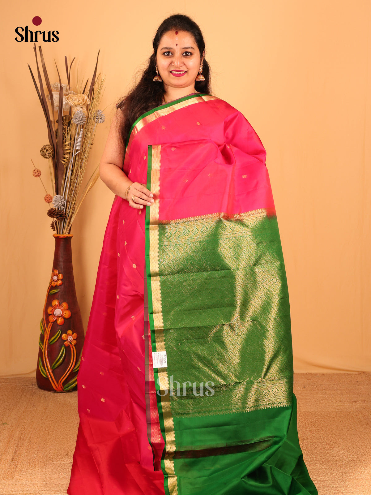Pink and Green Kanchipuram silk Saree With Zari Woven Buttas - Shop on Shrus.com