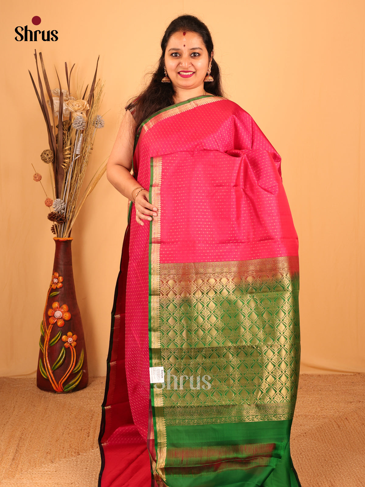 pink & Green - Kanchipuram silk Saree - Shop on Shrus.com