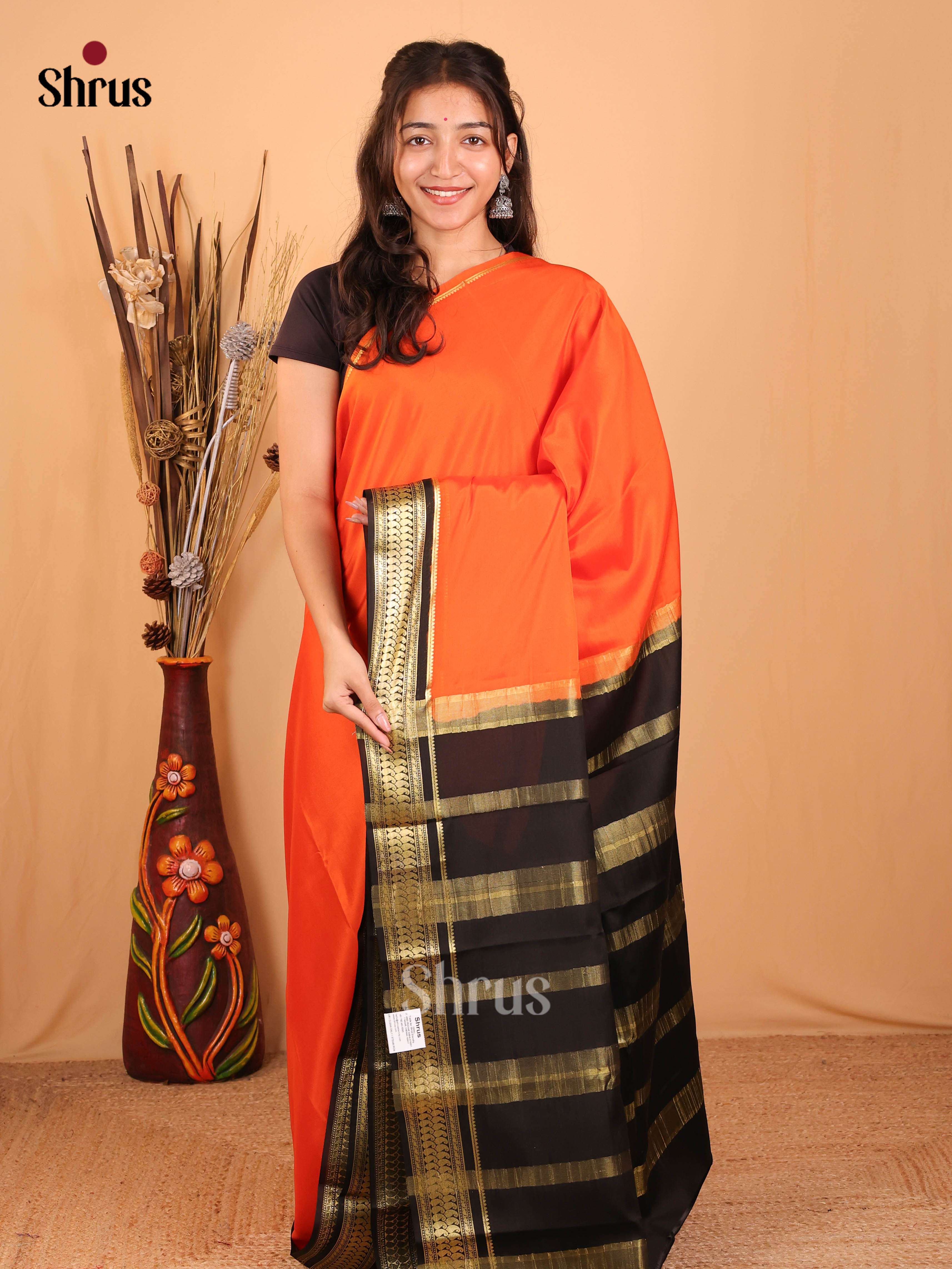 Orange & Black - Mysore Silk Saree - Shop on Shrus.com