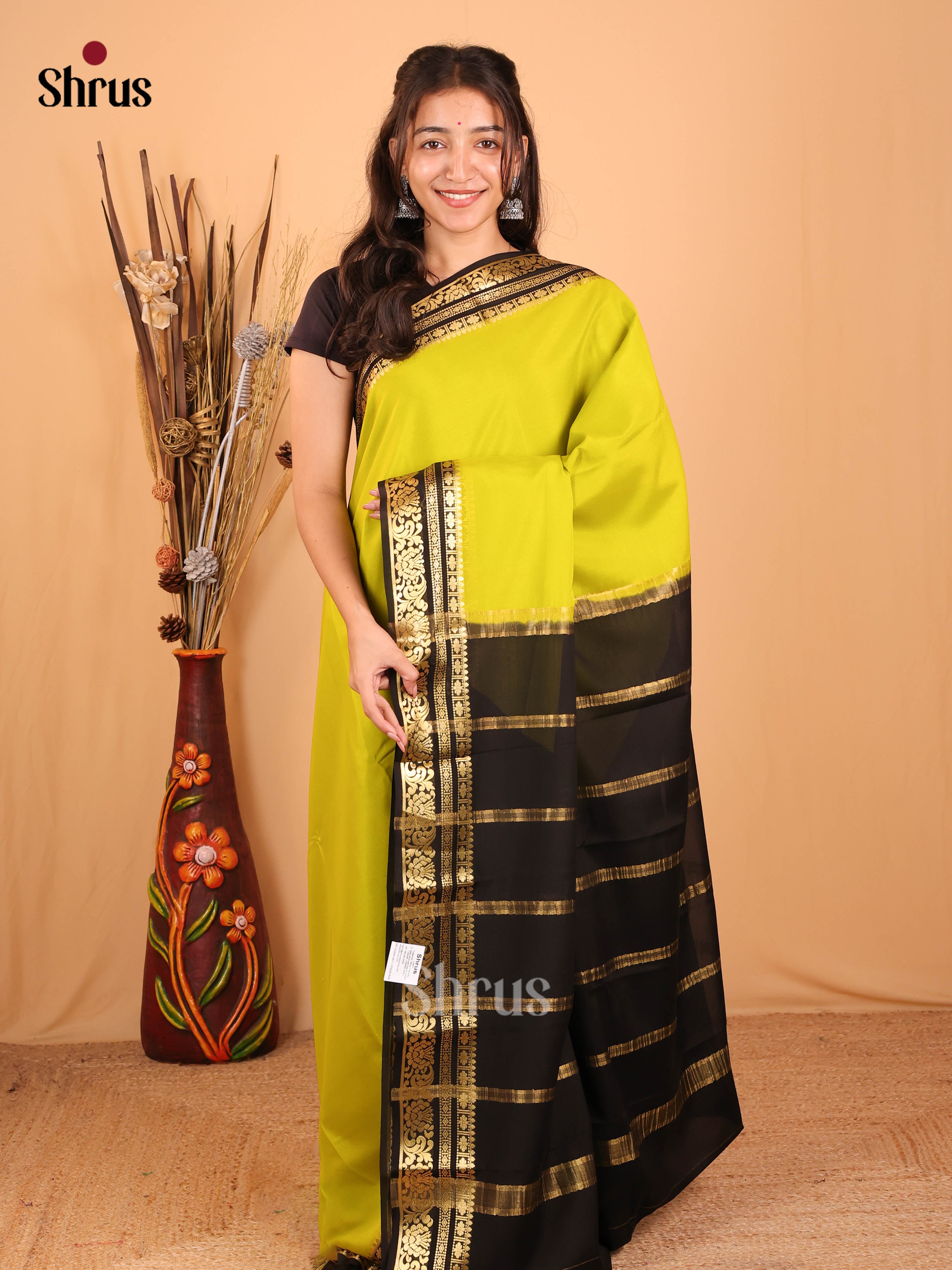 Lime Green & Black - Mysore Silk Saree - Shop on Shrus.com