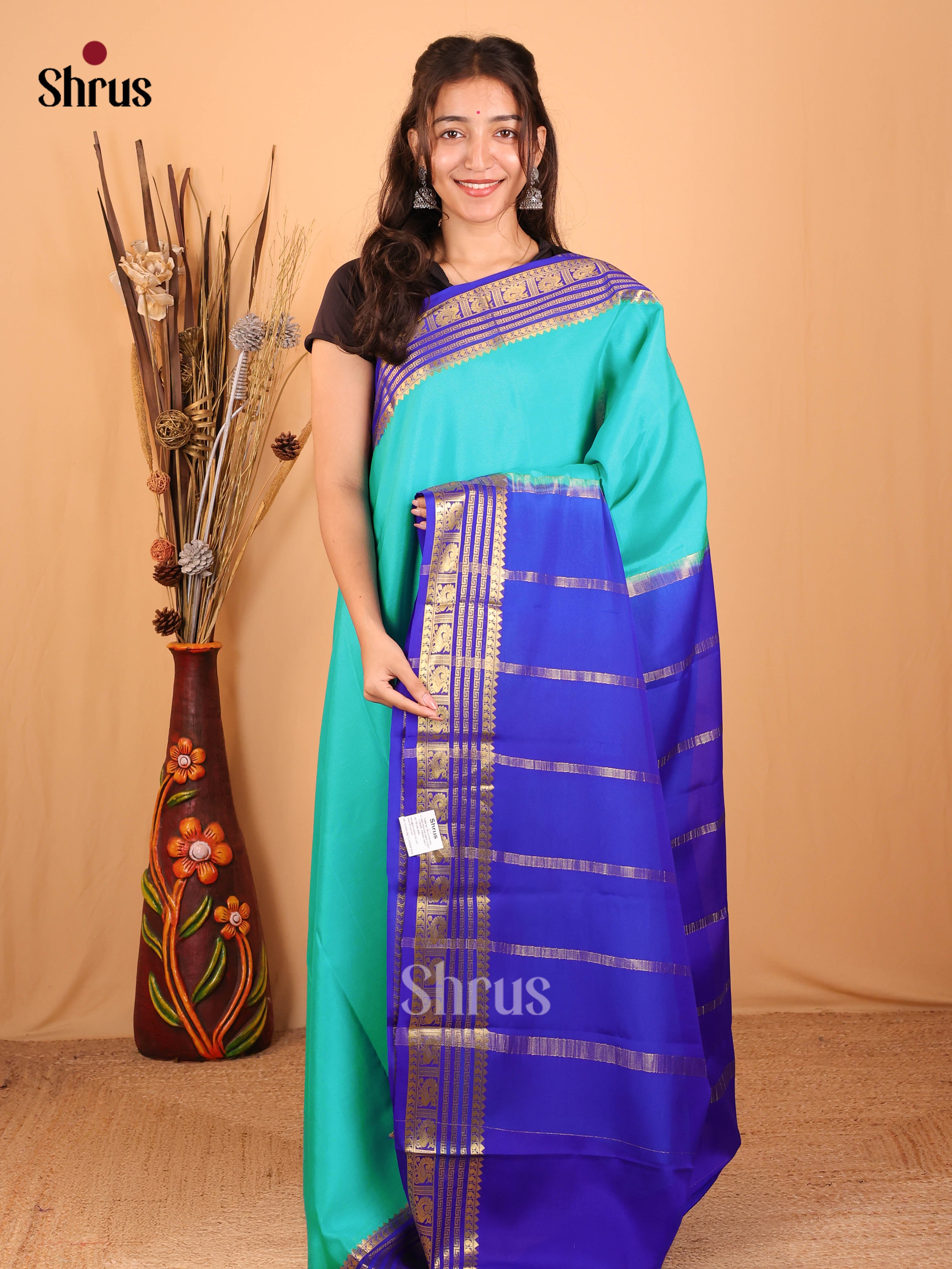 Teal & Blue- Mysore Silk Saree - Shop on Shrus.com