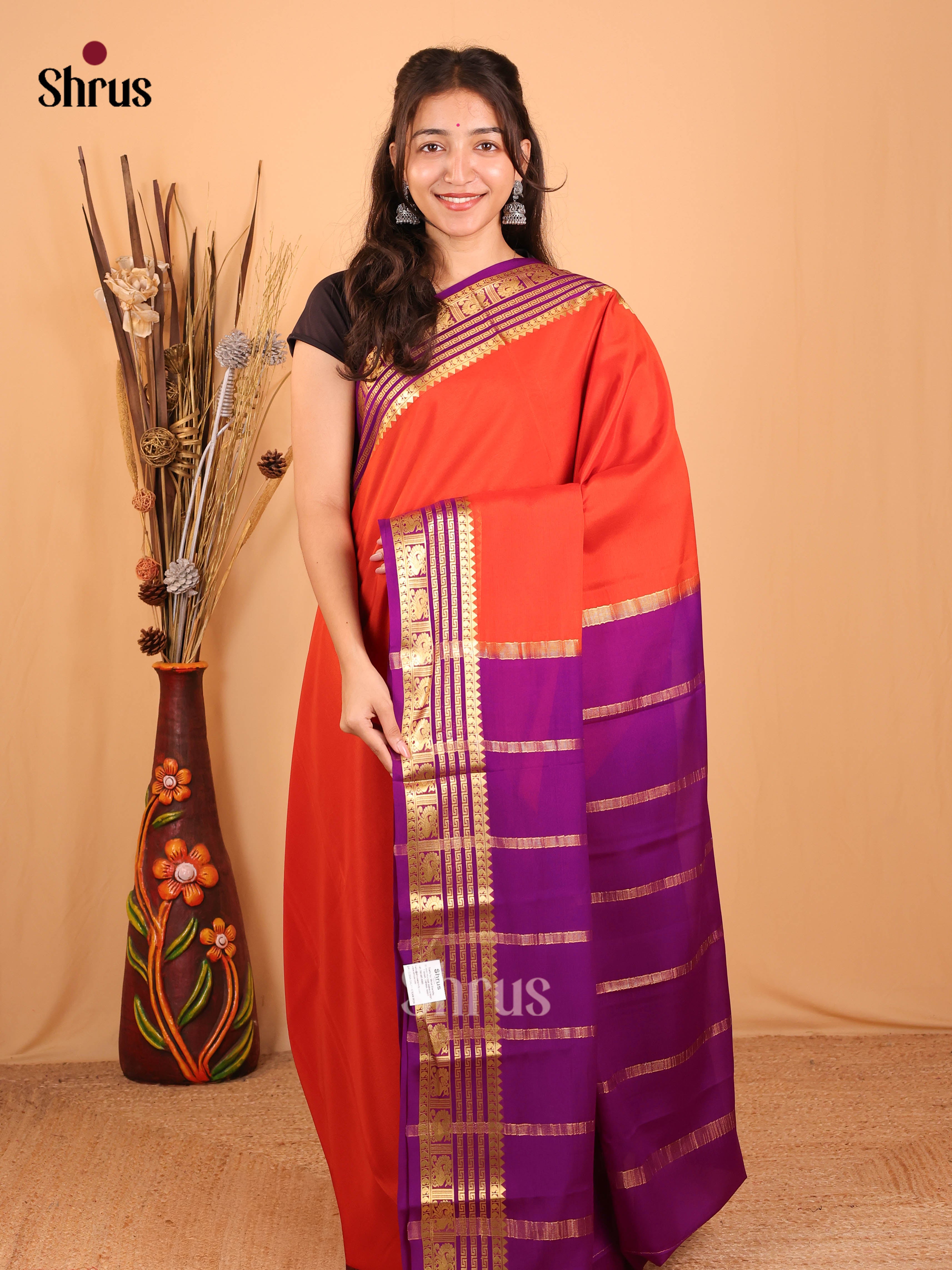 Orange & Purple - Mysore Silk Saree - Shop on Shrus.com