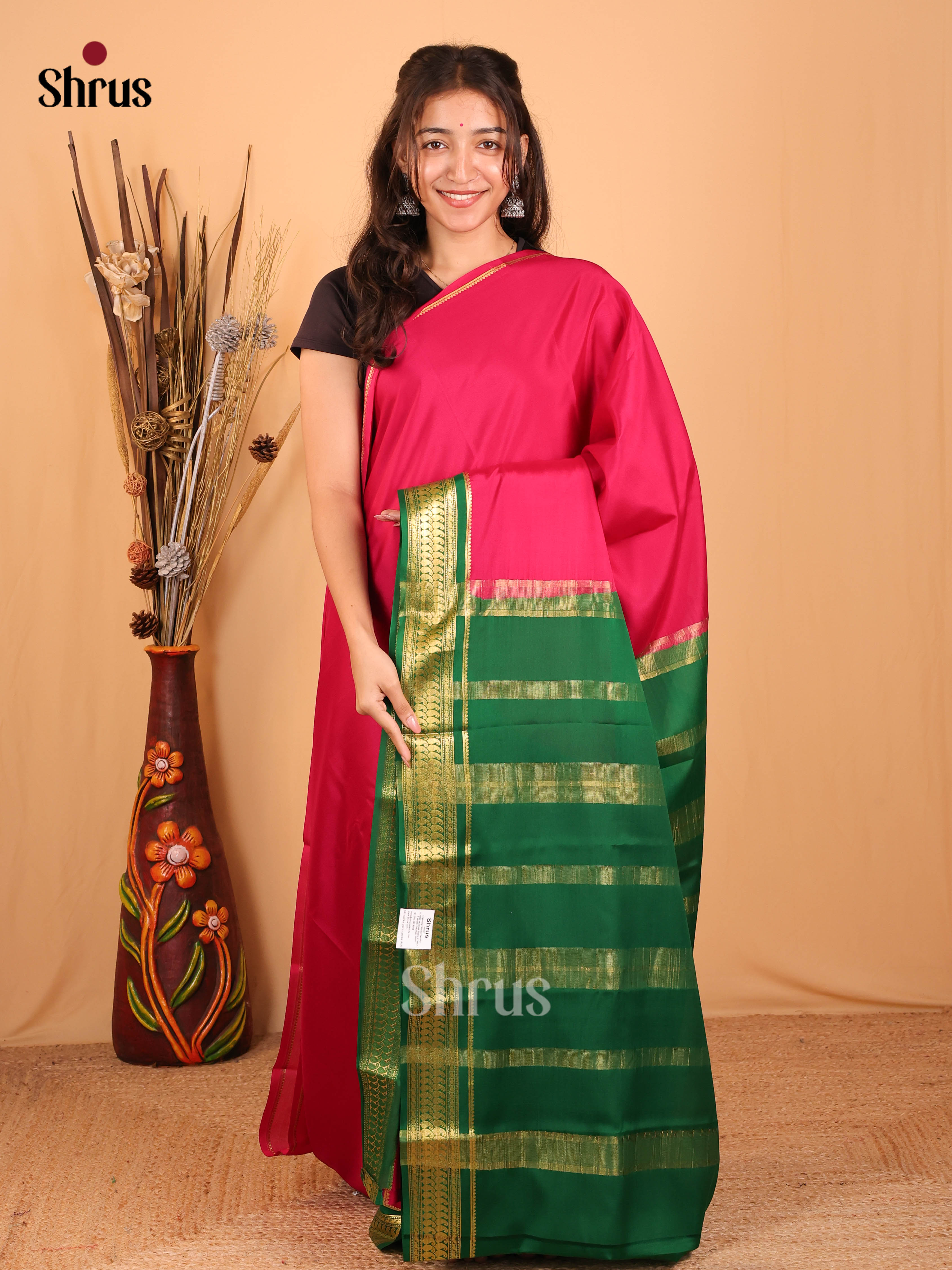 Pink & Green- Mysore Silk Saree - Shop on Shrus.com