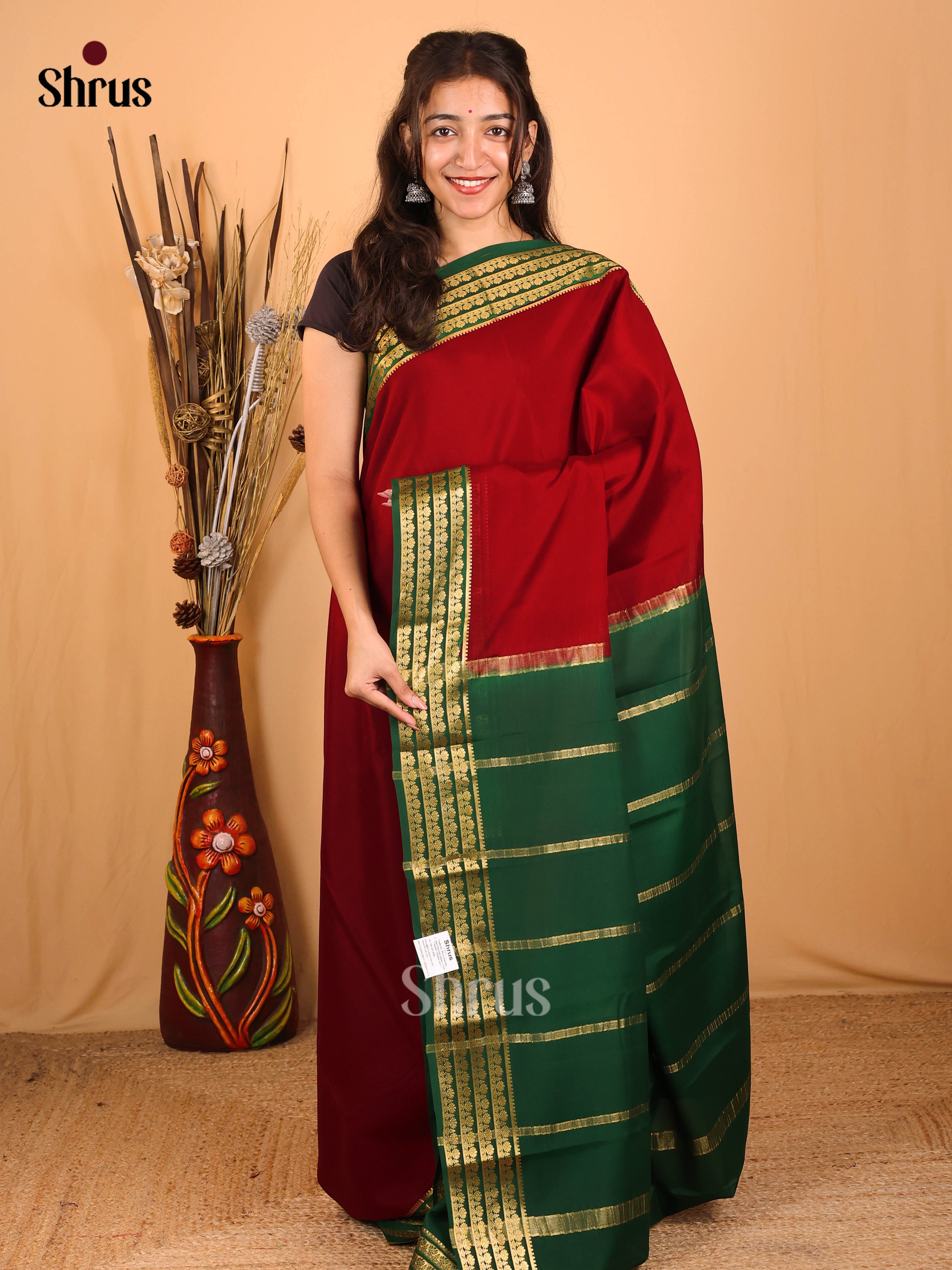 Maroon & Green- Mysore Silk Saree - Shop on Shrus.com