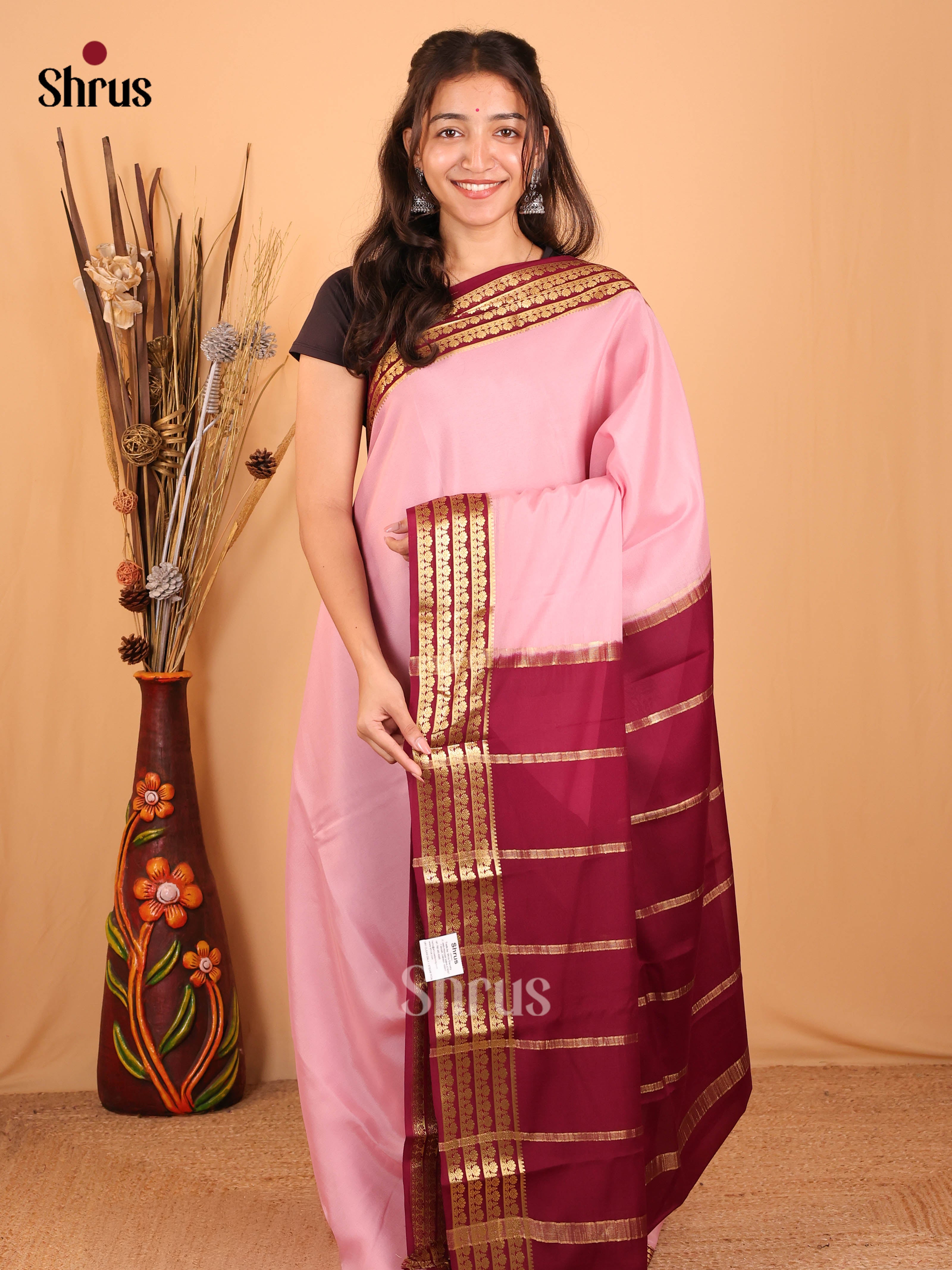 Pink & Maroon - Mysore Silk Saree - Shop on Shrus.com